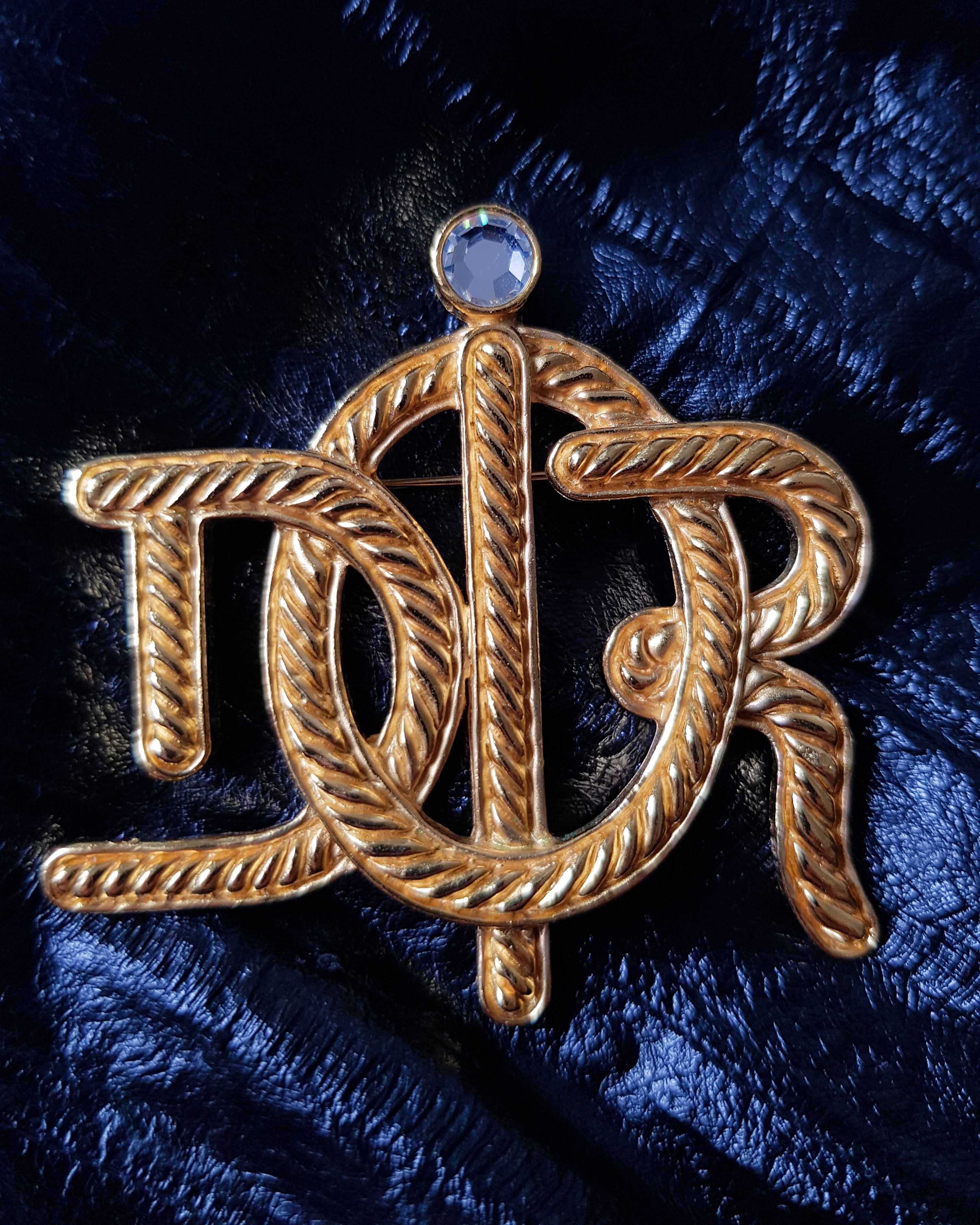 CHRISTIAN DIOR gold Monogram Brooch 1980