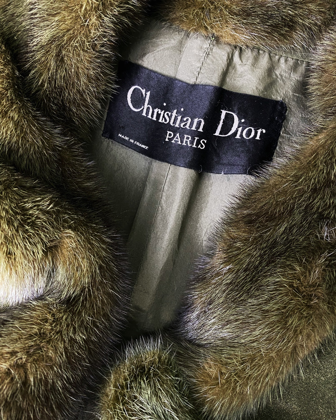 CHRISTIAN DIOR long suede olive double breasted coat with fur collar 1970