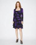 UNGARO PARALLÈLE Black Draped Cocktail Dress with Purple Floral Jacquard