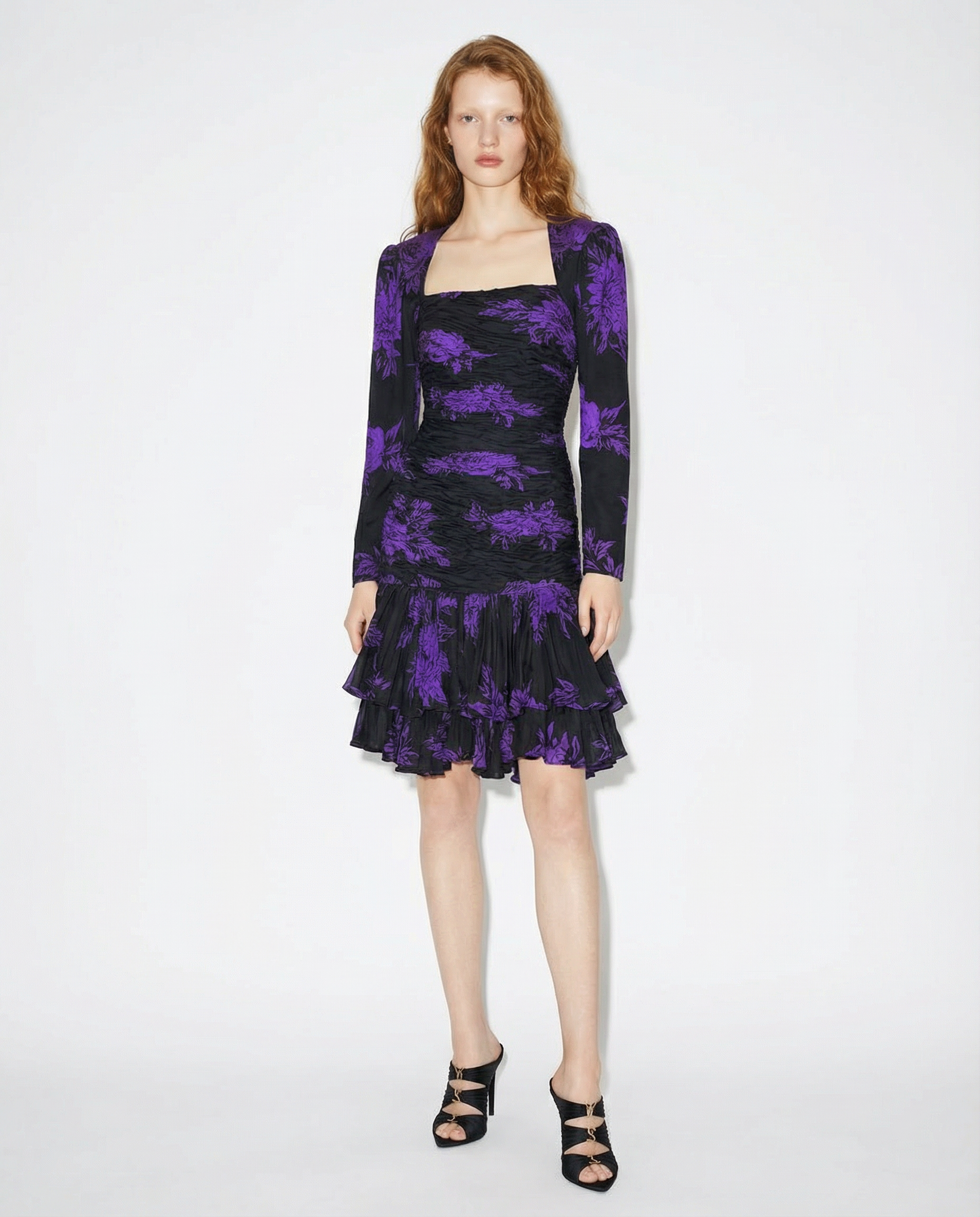 UNGARO PARALLÈLE Black Draped Cocktail Dress with Purple Floral Jacquard