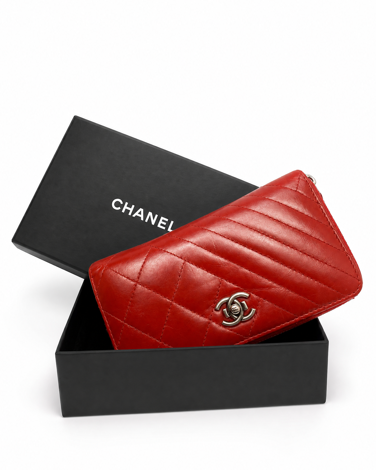 CHANEL Red Lambskin Leather Wallet