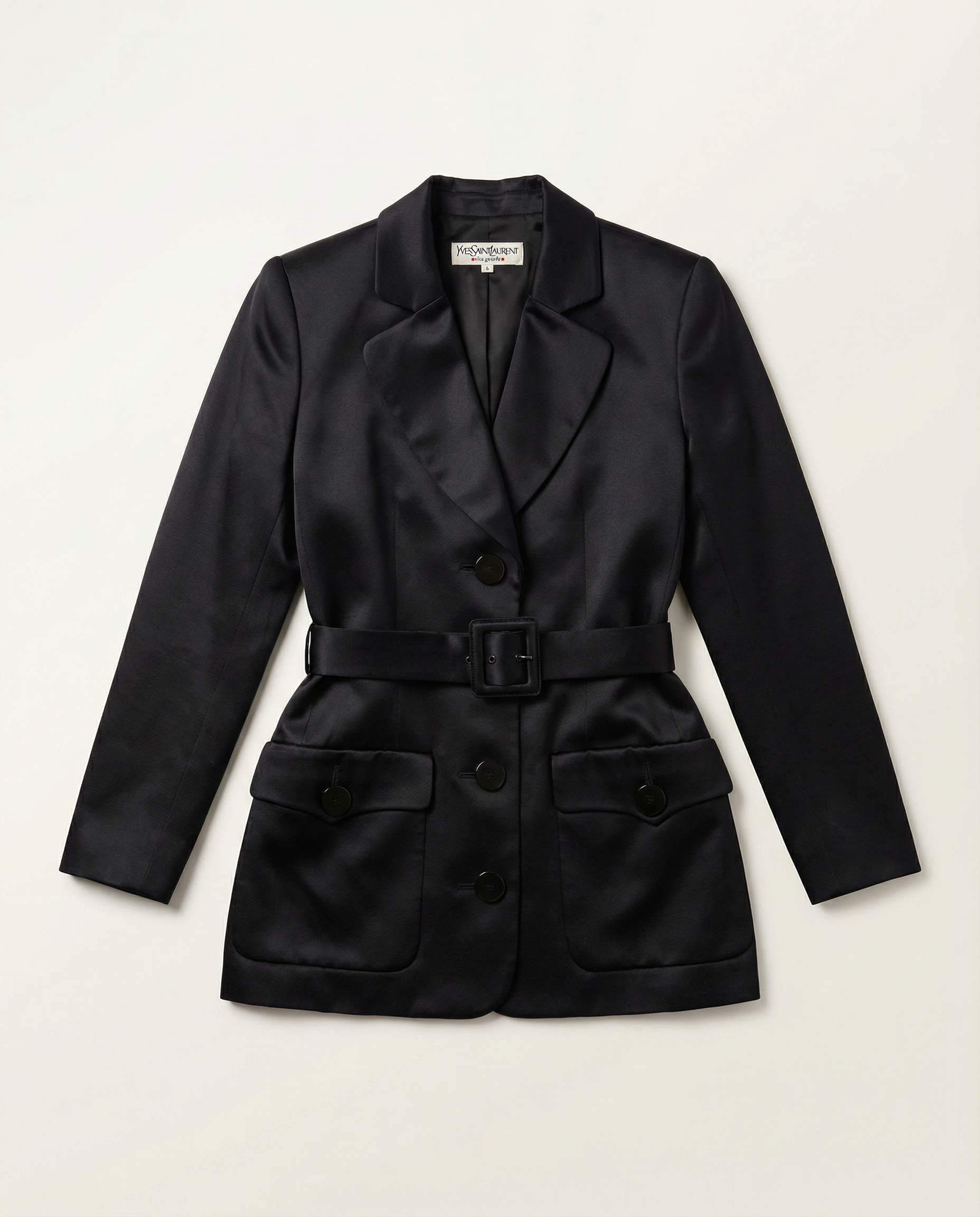 YVES SAINT LAURENT Rive Gauche Black Satin Safari Jacket & Trousers set 1990