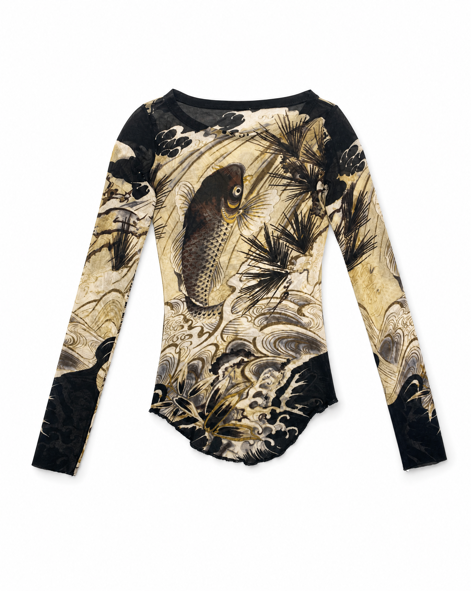 JEAN PAUL GAULTIER Grey Koi Fish Tattoo Print Mesh Top 1990