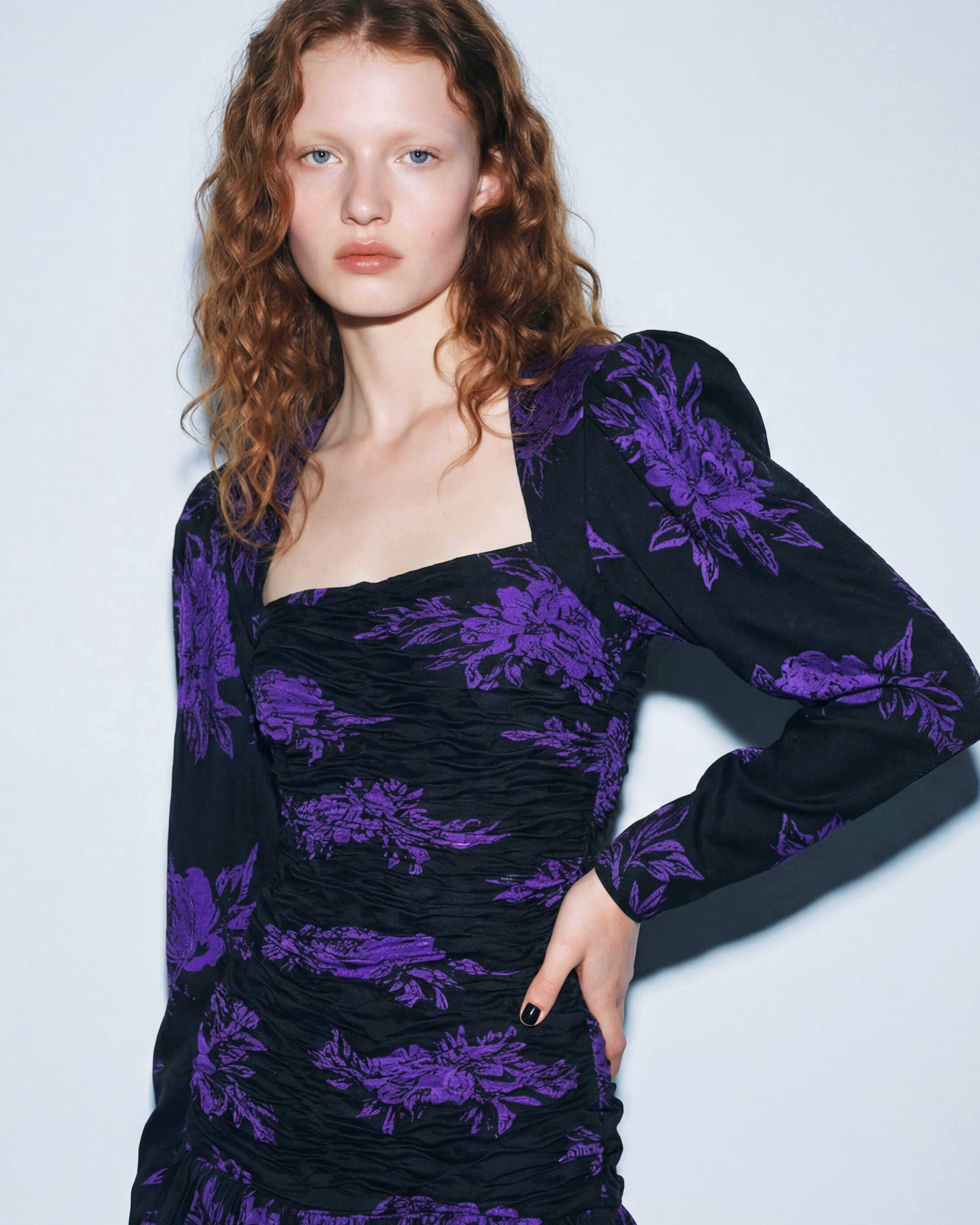 UNGARO PARALLÈLE Black Draped Cocktail Dress with Purple Floral Jacquard