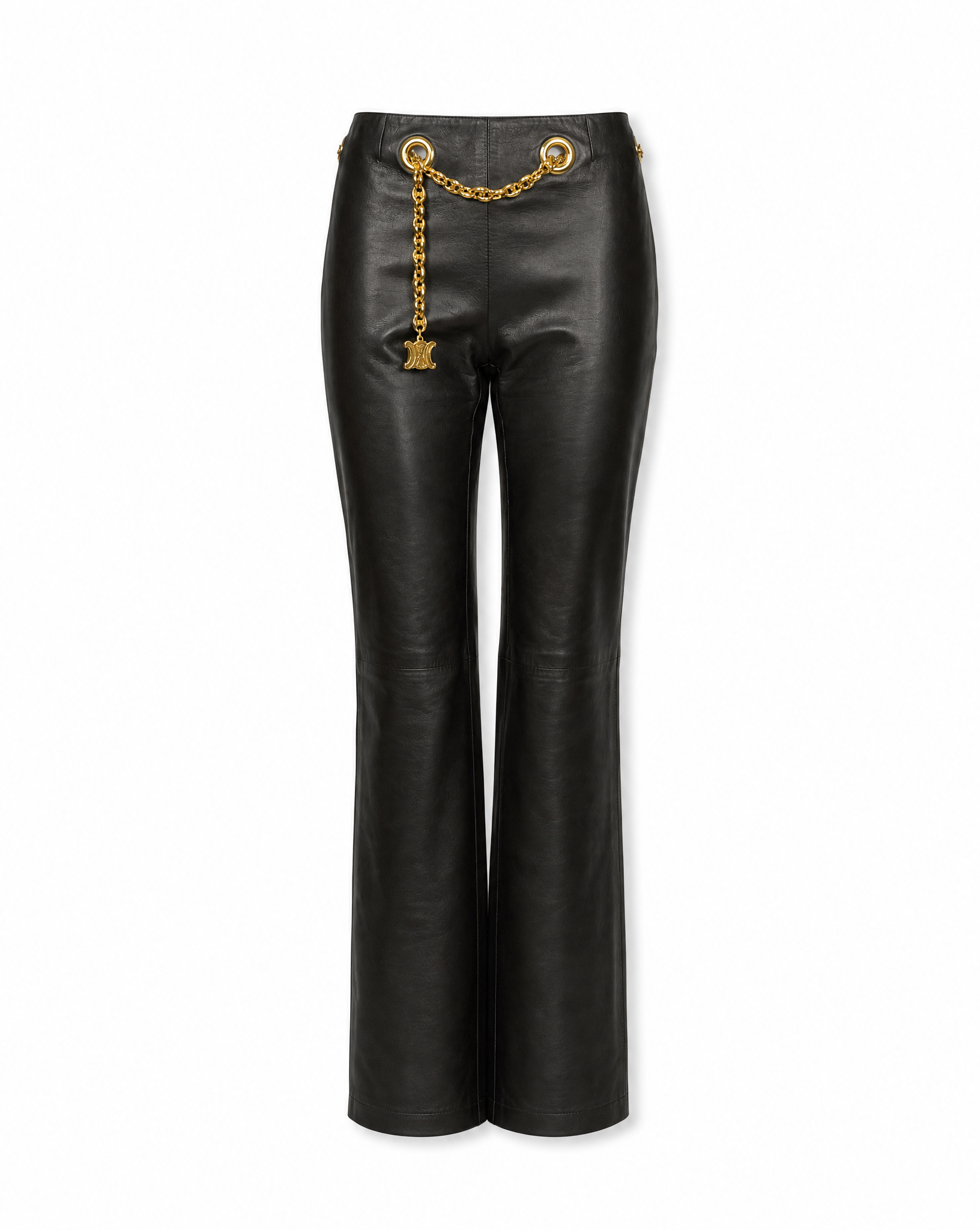 CELINE Brown Leather Trousers with Gold Chain Late 1990