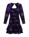 UNGARO PARALLÈLE Black Draped Cocktail Dress with Purple Floral Jacquard