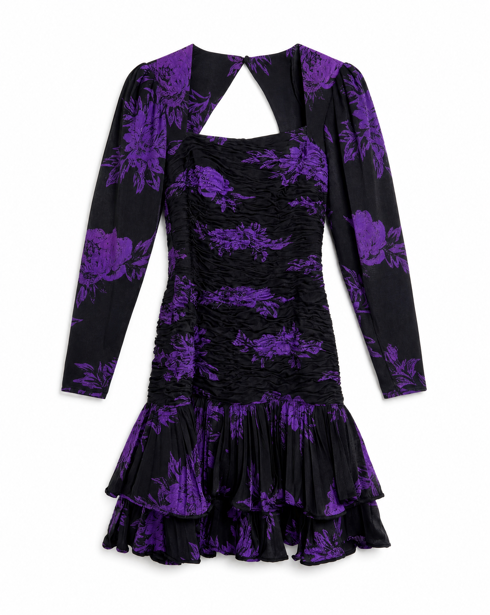 UNGARO PARALLÈLE Black Draped Cocktail Dress with Purple Floral Jacquard