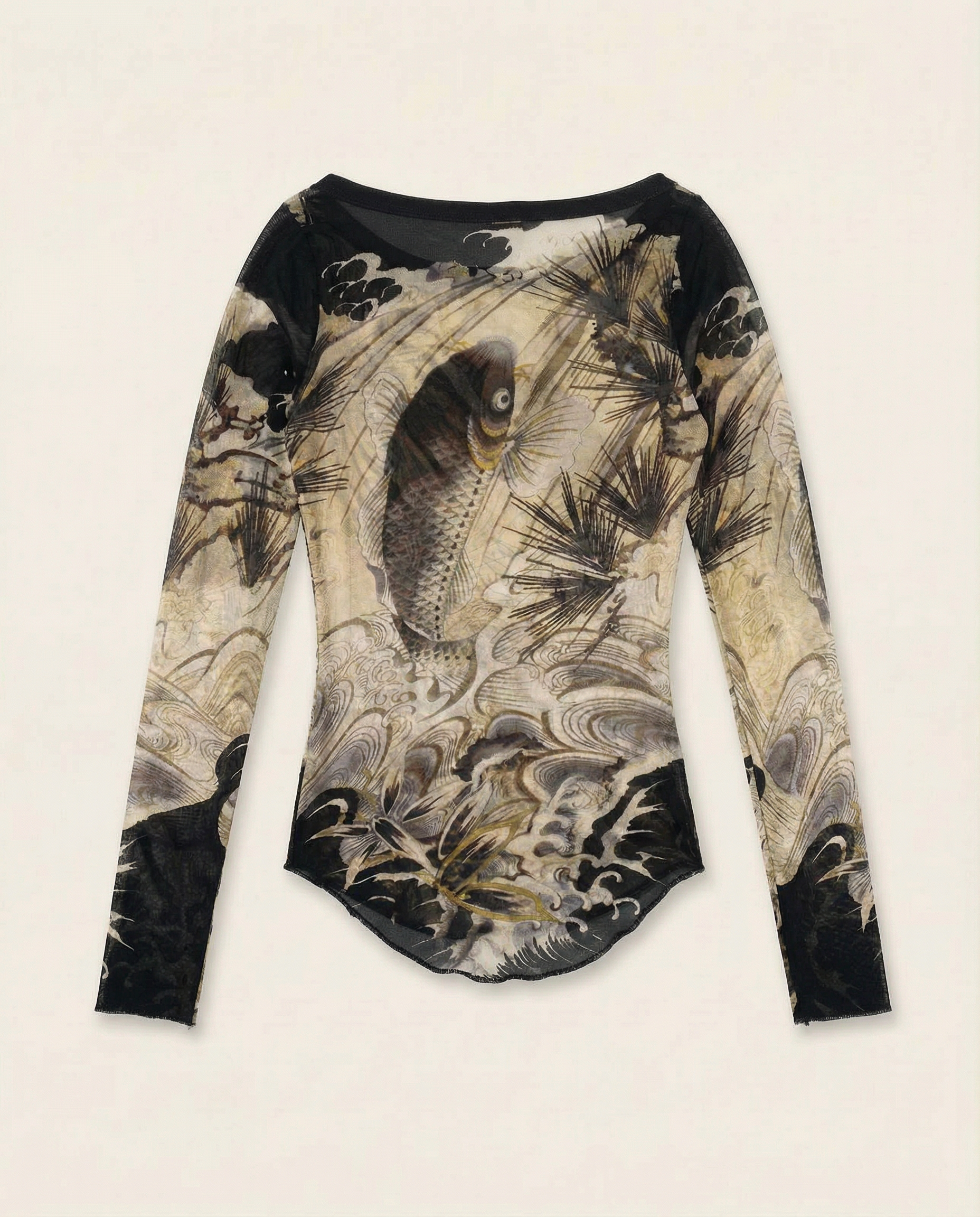 JEAN PAUL GAULTIER Grey Koi Fish Tattoo Print Mesh Top 1990