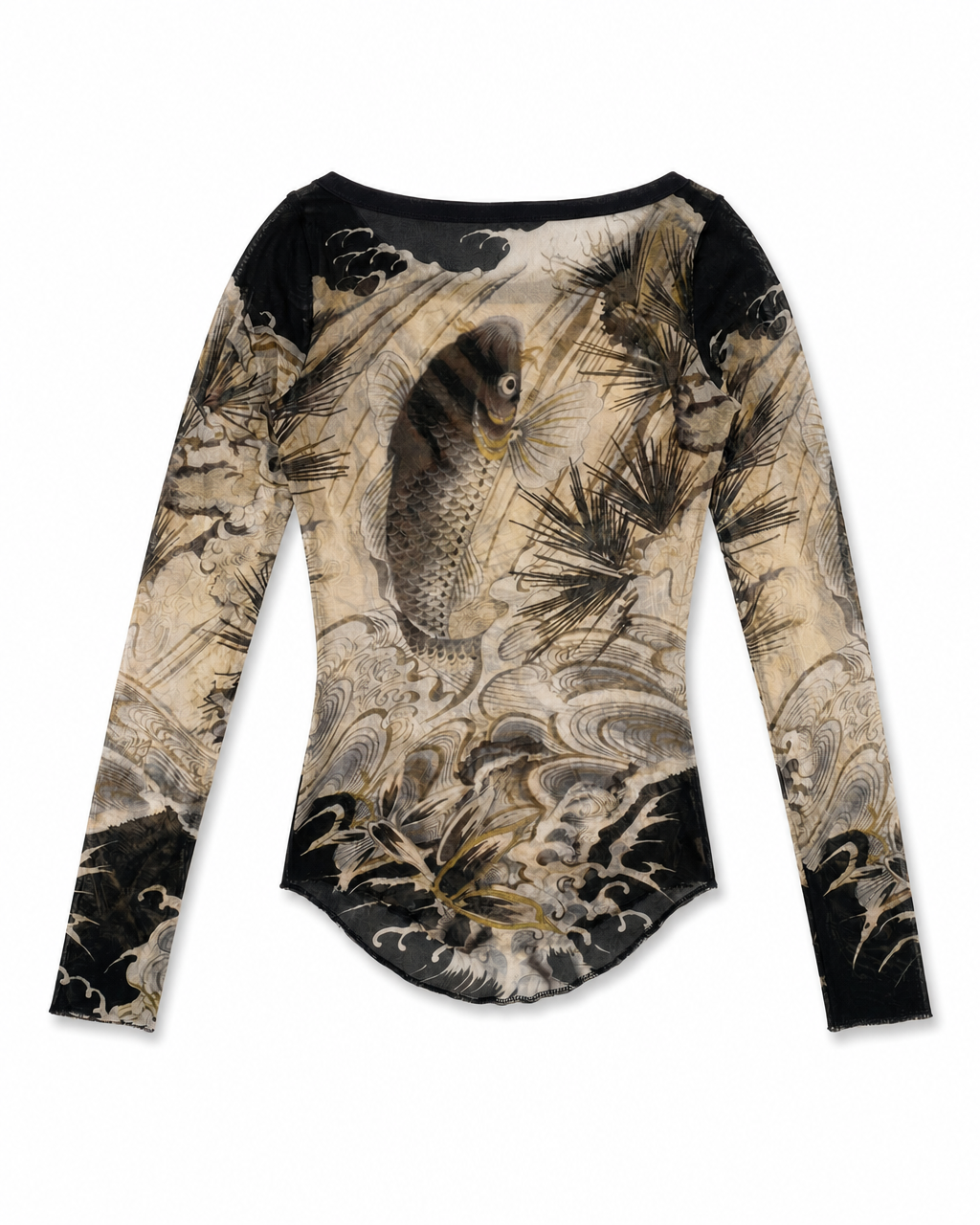 JEAN PAUL GAULTIER Grey Koi Fish Tattoo Print Mesh Top 1990