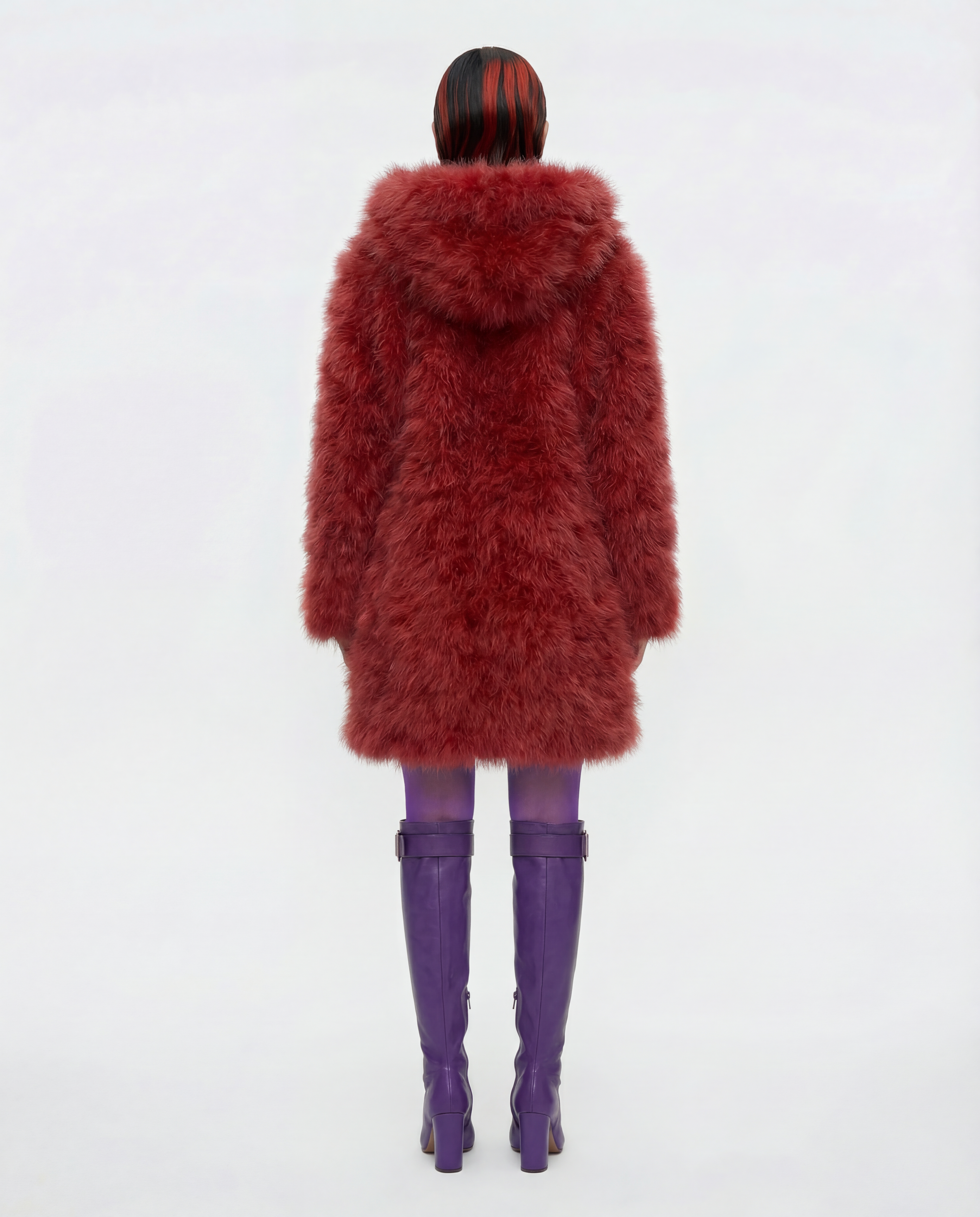 SONIA RYKIEL Coral emu feather Coat with Hood circa 2000