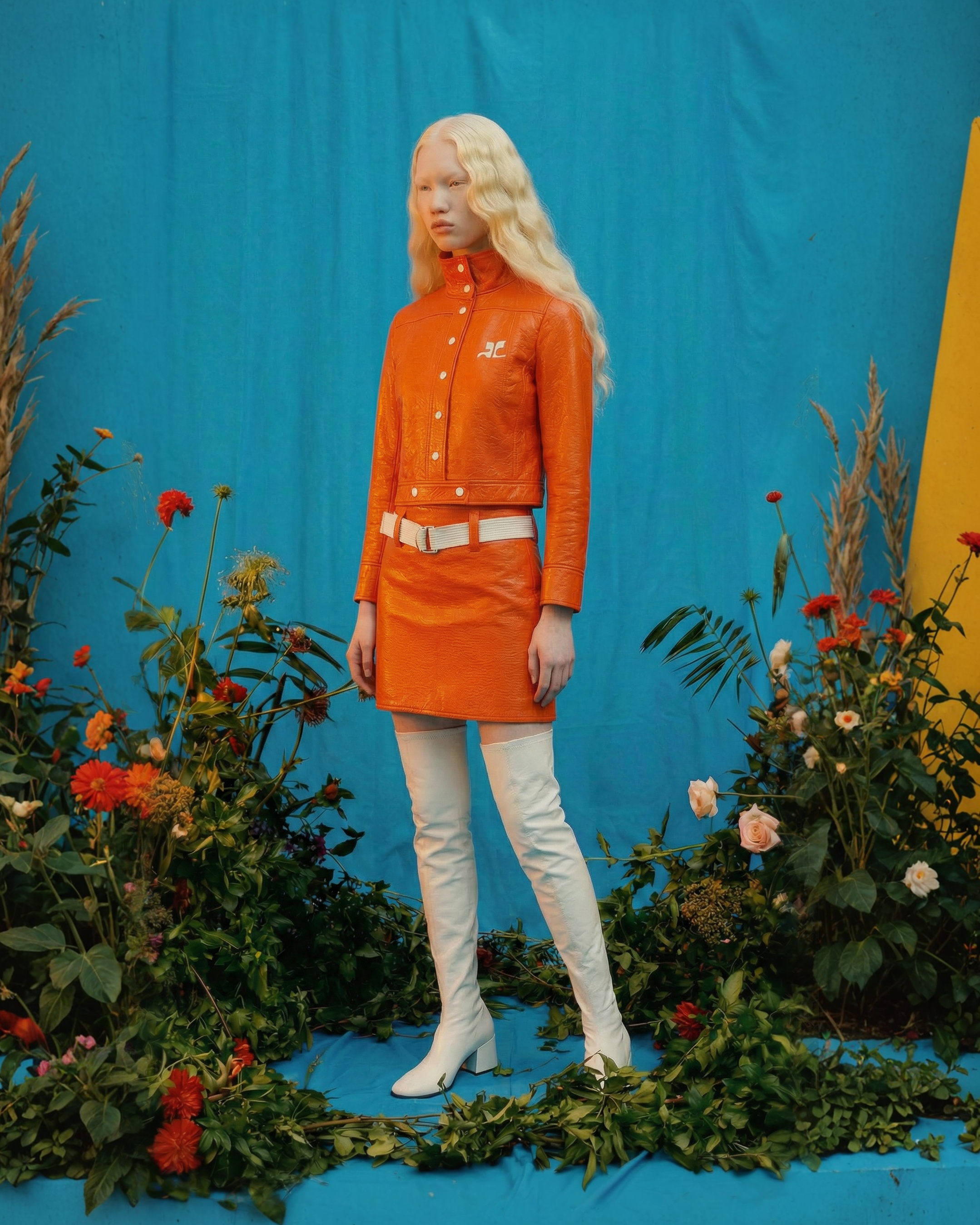 COURREGES Orange Futuristic Jacket and Mini Skirt Set late 1990