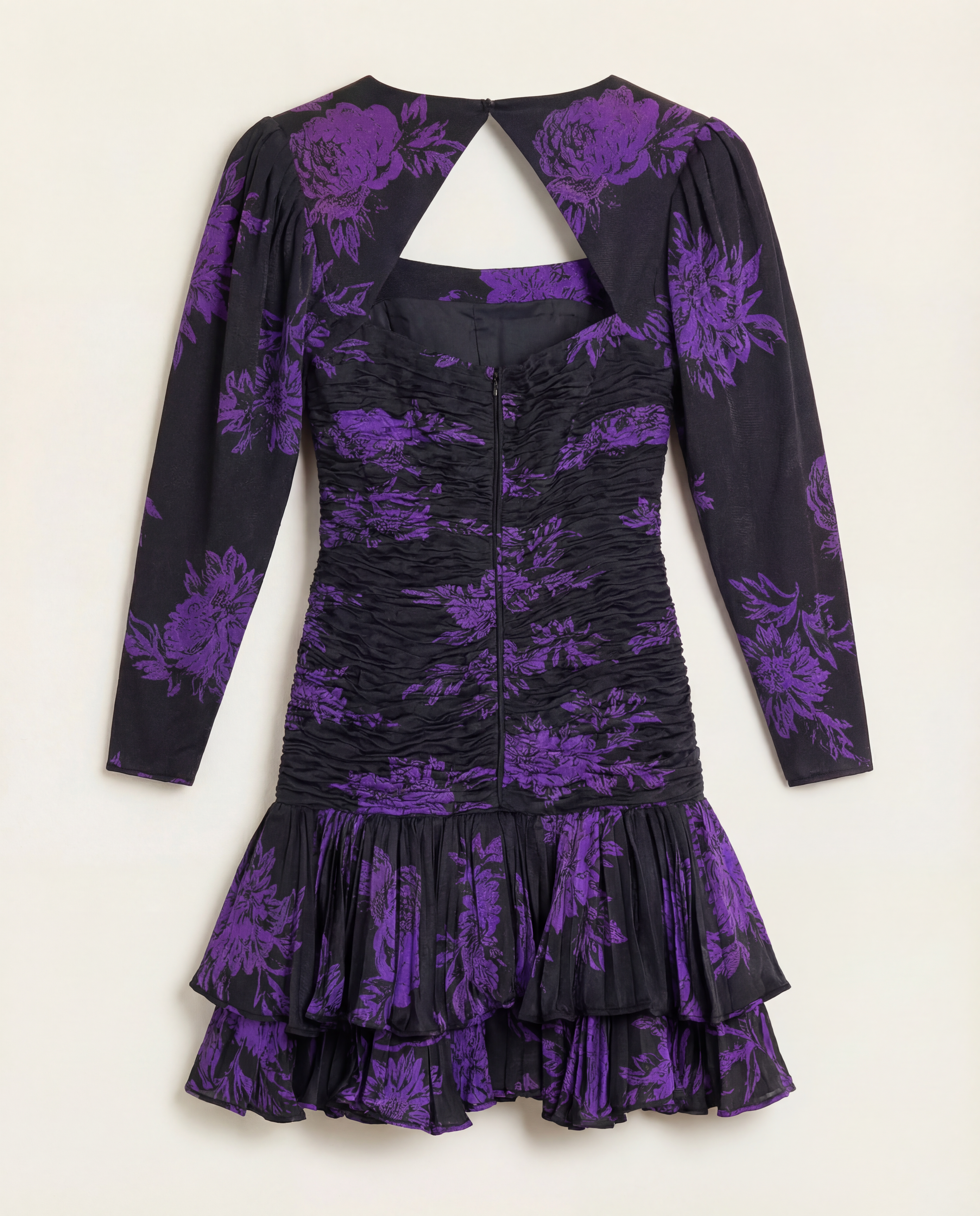 UNGARO PARALLÈLE Black Draped Cocktail Dress with Purple Floral Jacquard
