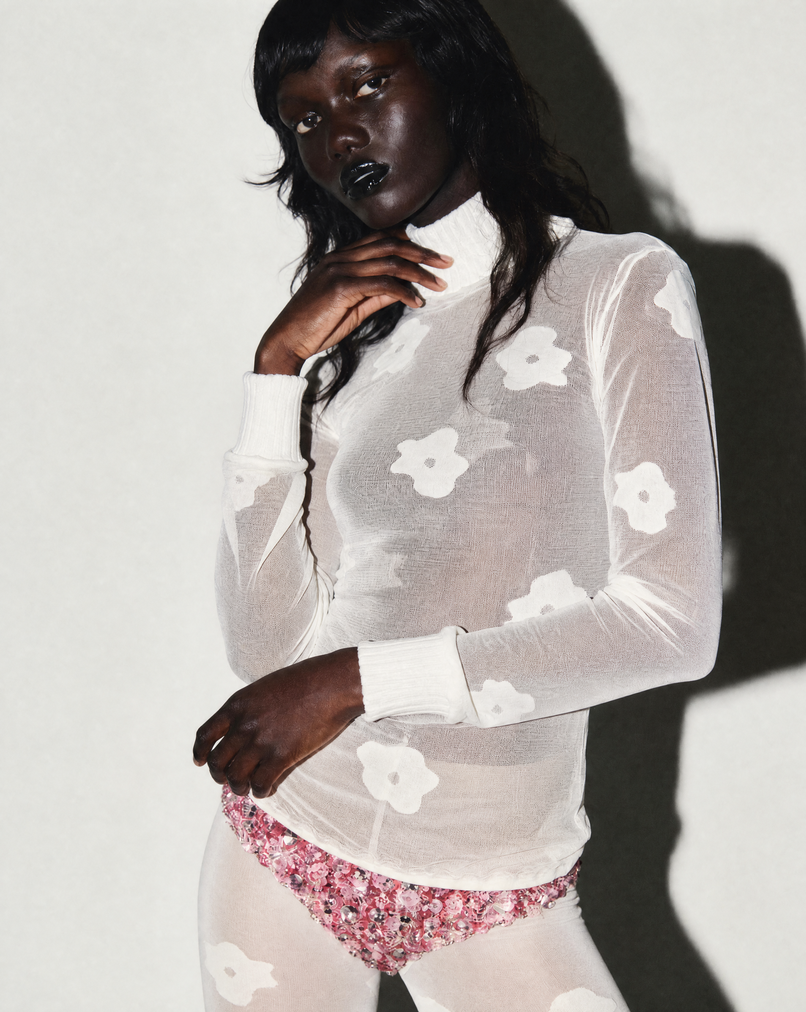 COURREGES Vintage Abstract floral Sheer Mock Turtleneck & Tights Set
