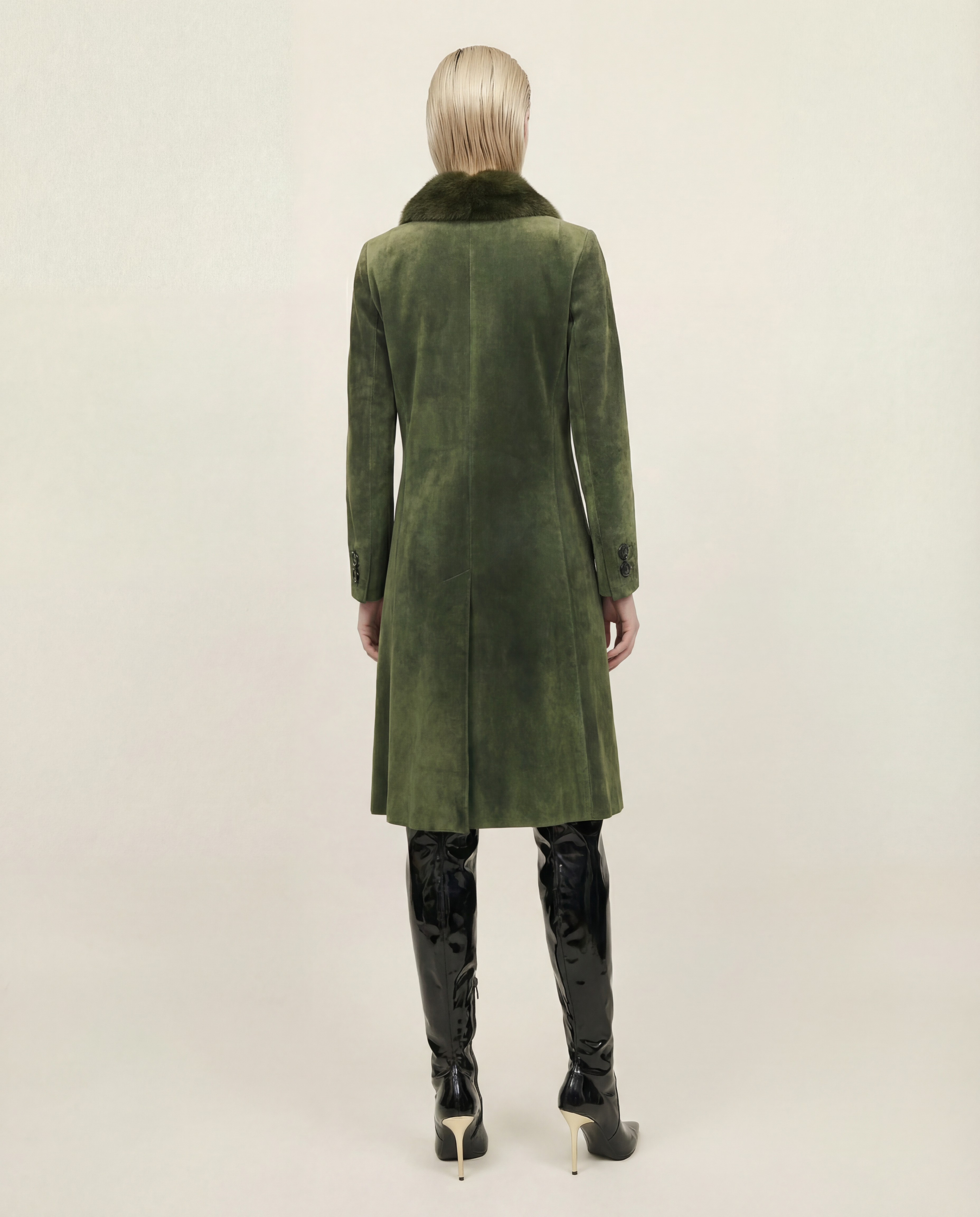 CHRISTIAN DIOR long suede olive double breasted coat with fur collar 1970