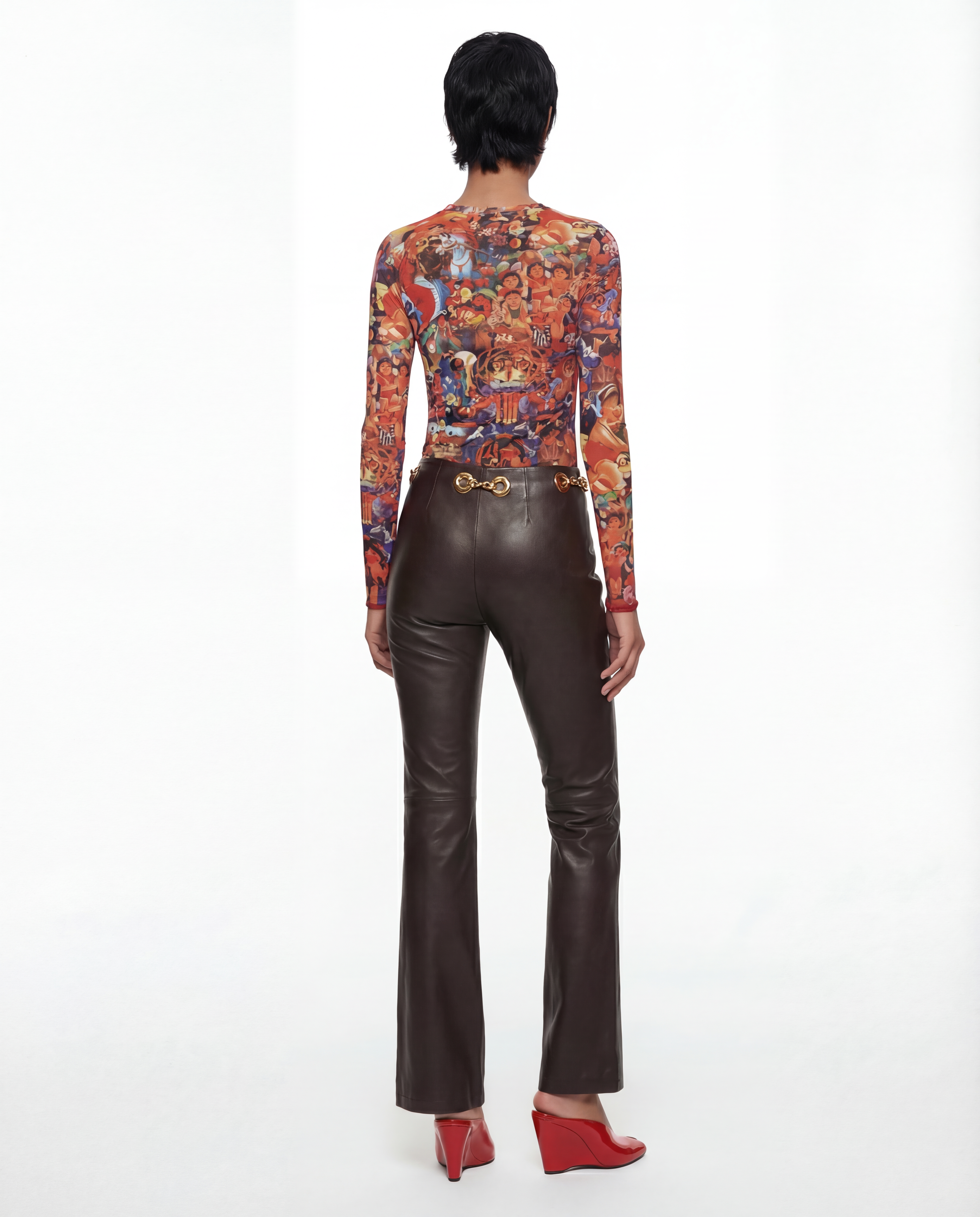 CELINE Brown Leather Trousers with Gold Chain Late 1990
