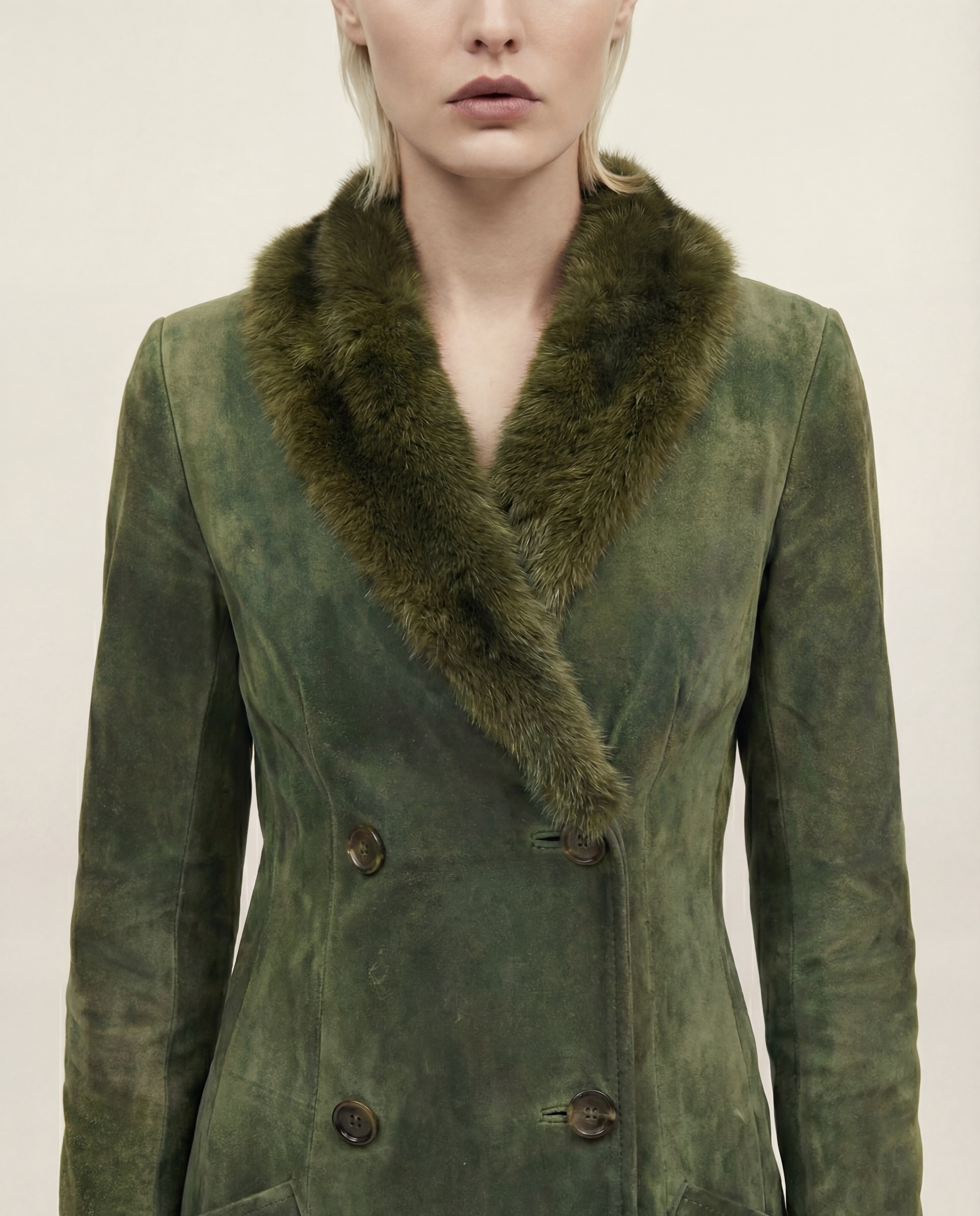 CHRISTIAN DIOR long suede olive double breasted coat with fur collar 1970