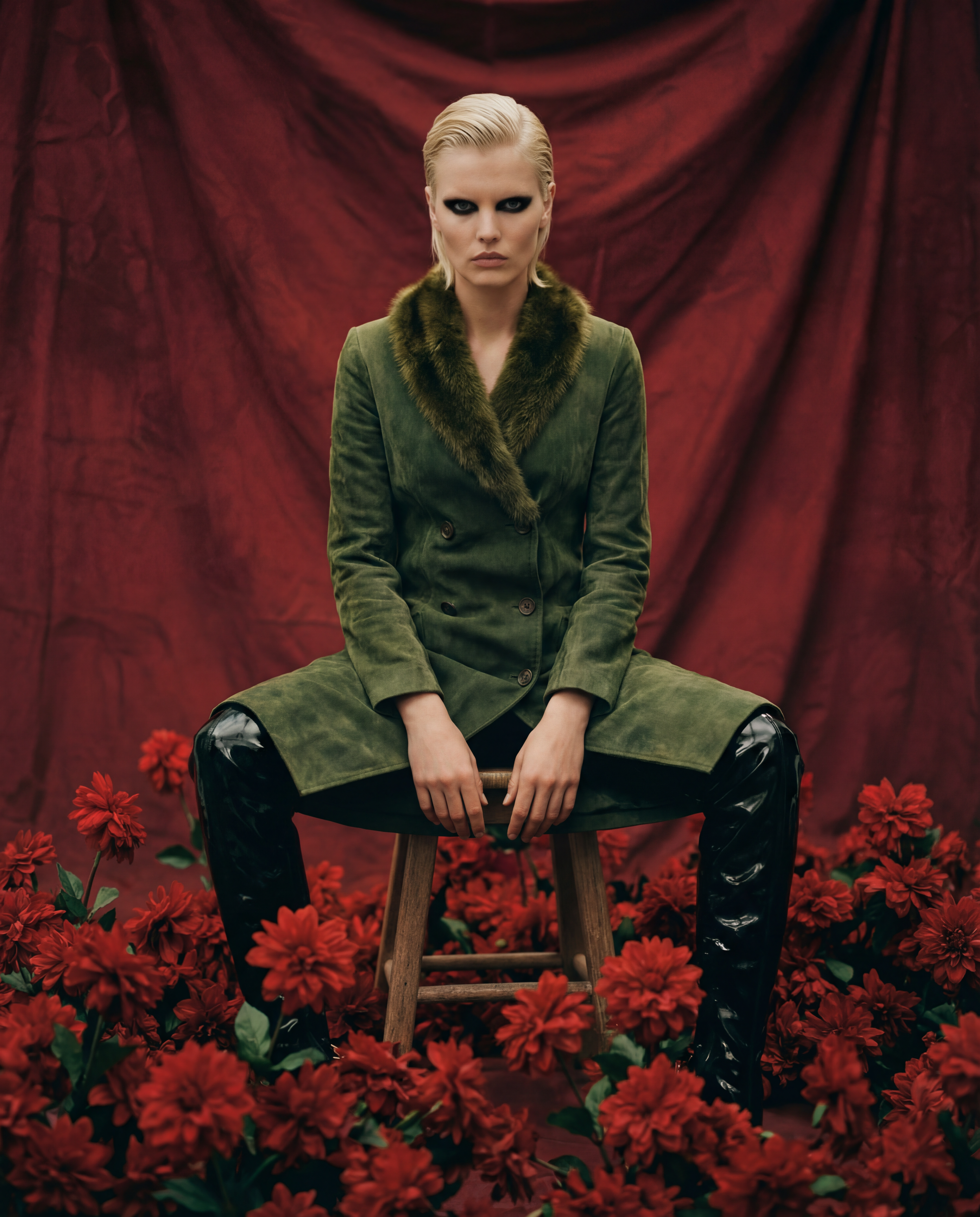 CHRISTIAN DIOR long suede olive double breasted coat with fur collar 1970