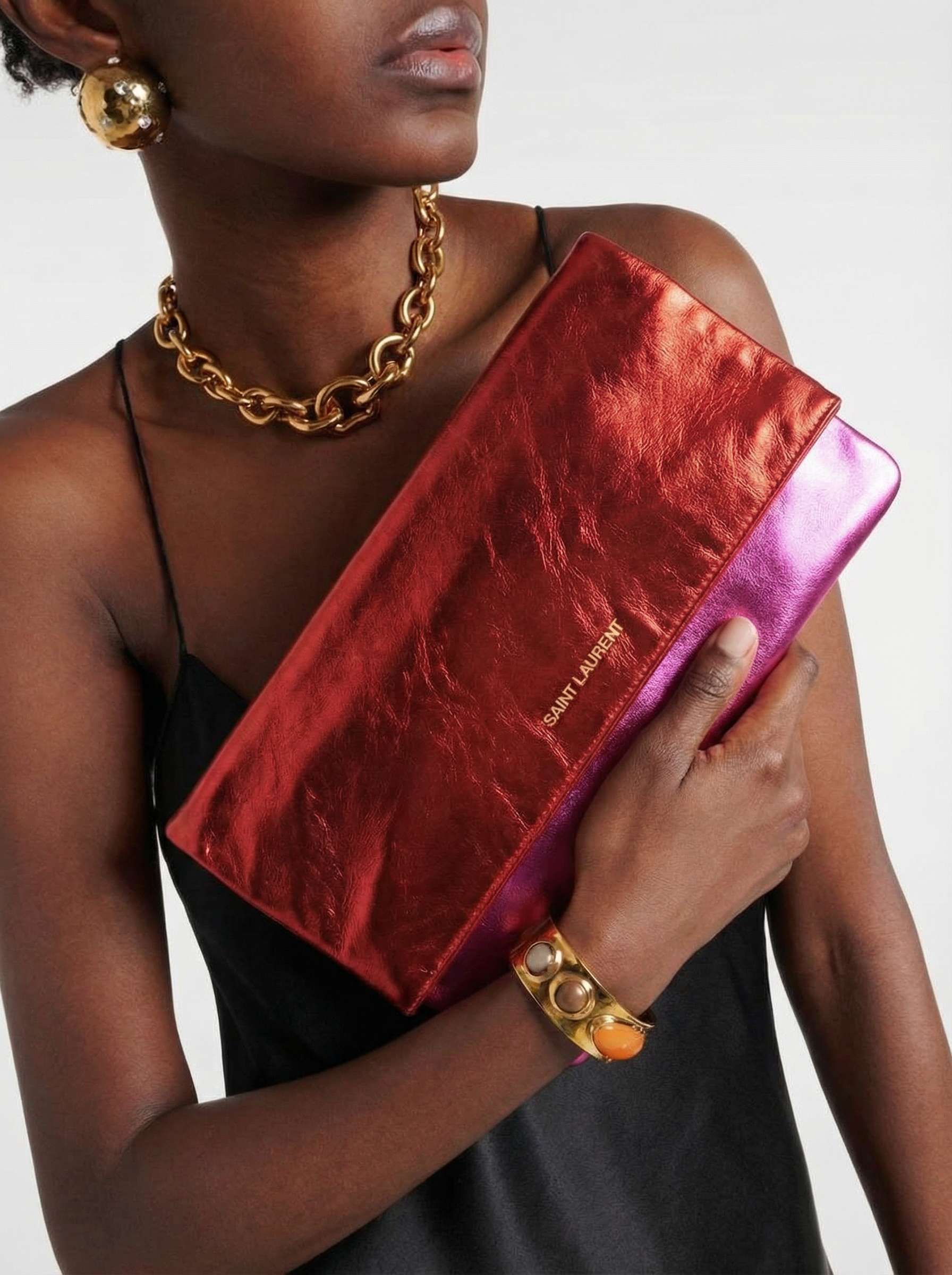 YVES SAINT LAURENT Letters Fold metallic clutch SS 2014