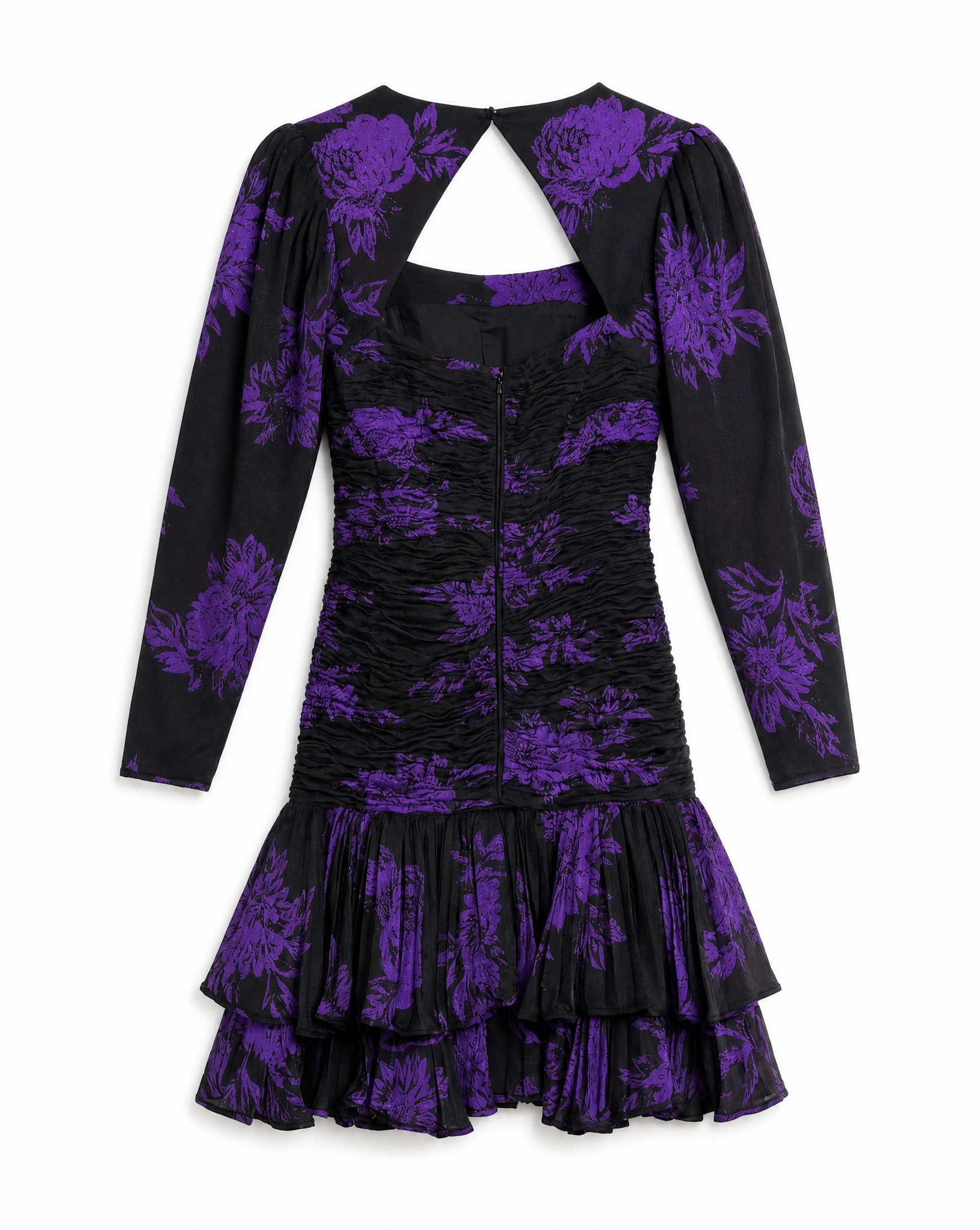 UNGARO PARALLÈLE Black Draped Cocktail Dress with Purple Floral Jacquard