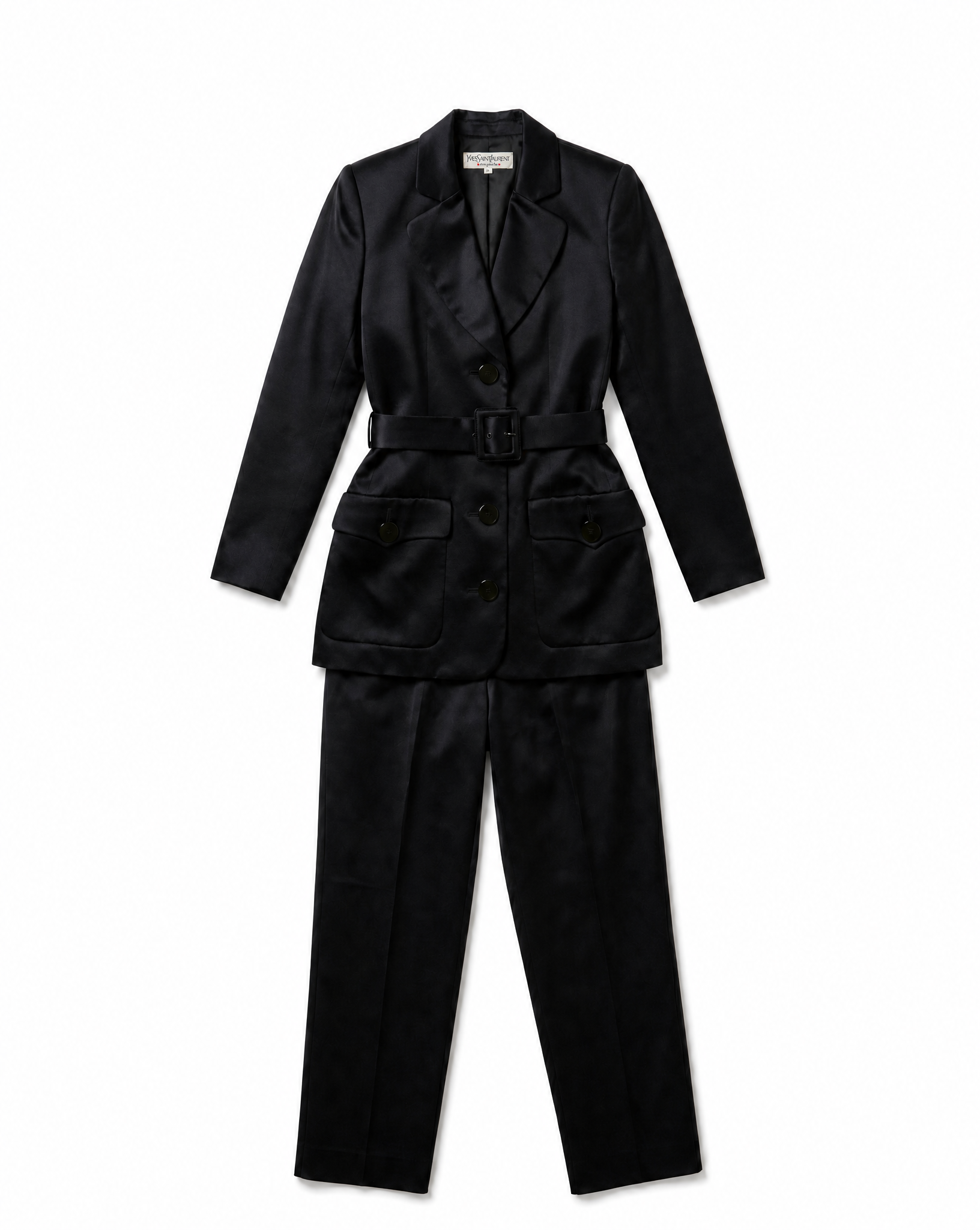 YVES SAINT LAURENT Rive Gauche Black Satin Safari Jacket & Trousers set 1990