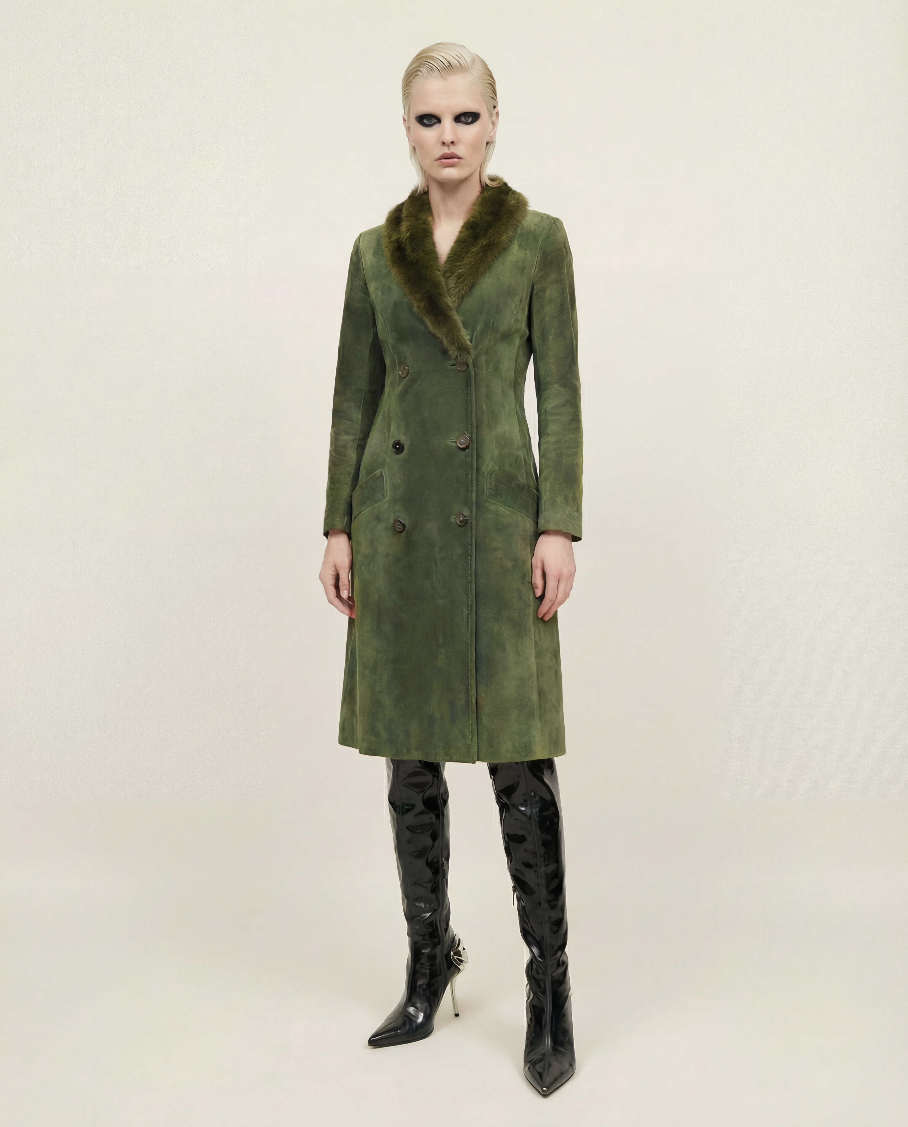 CHRISTIAN DIOR long suede olive double breasted coat with fur collar 1970