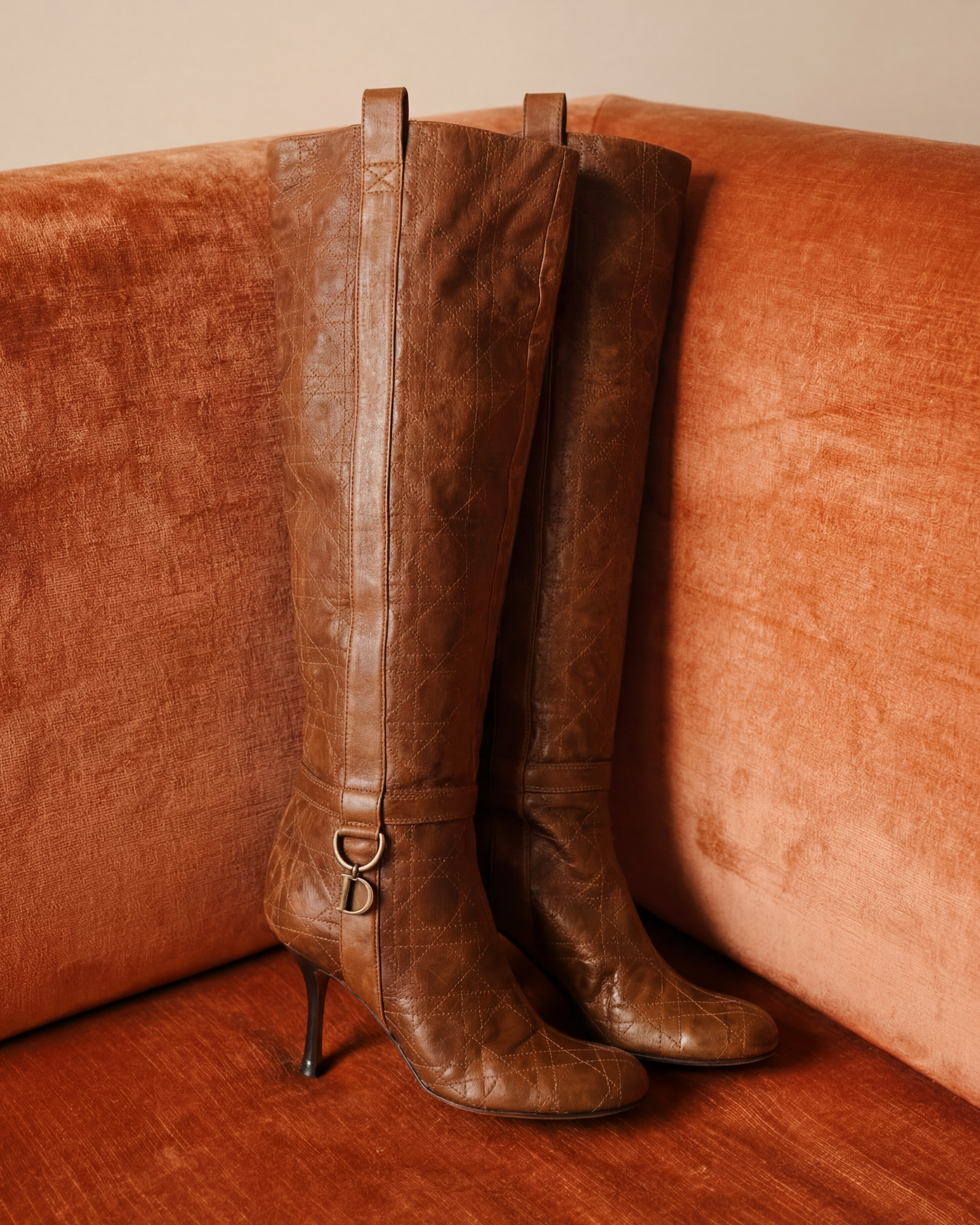 CHRISTIAN DIOR Brown Quilted Knee-High Stiletto Boots circa 2000