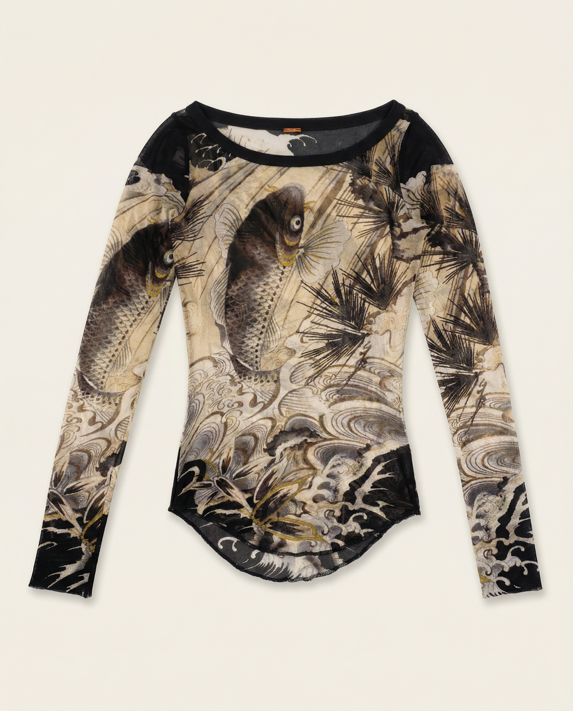 JEAN PAUL GAULTIER Grey Koi Fish Tattoo Print Mesh Top 1990