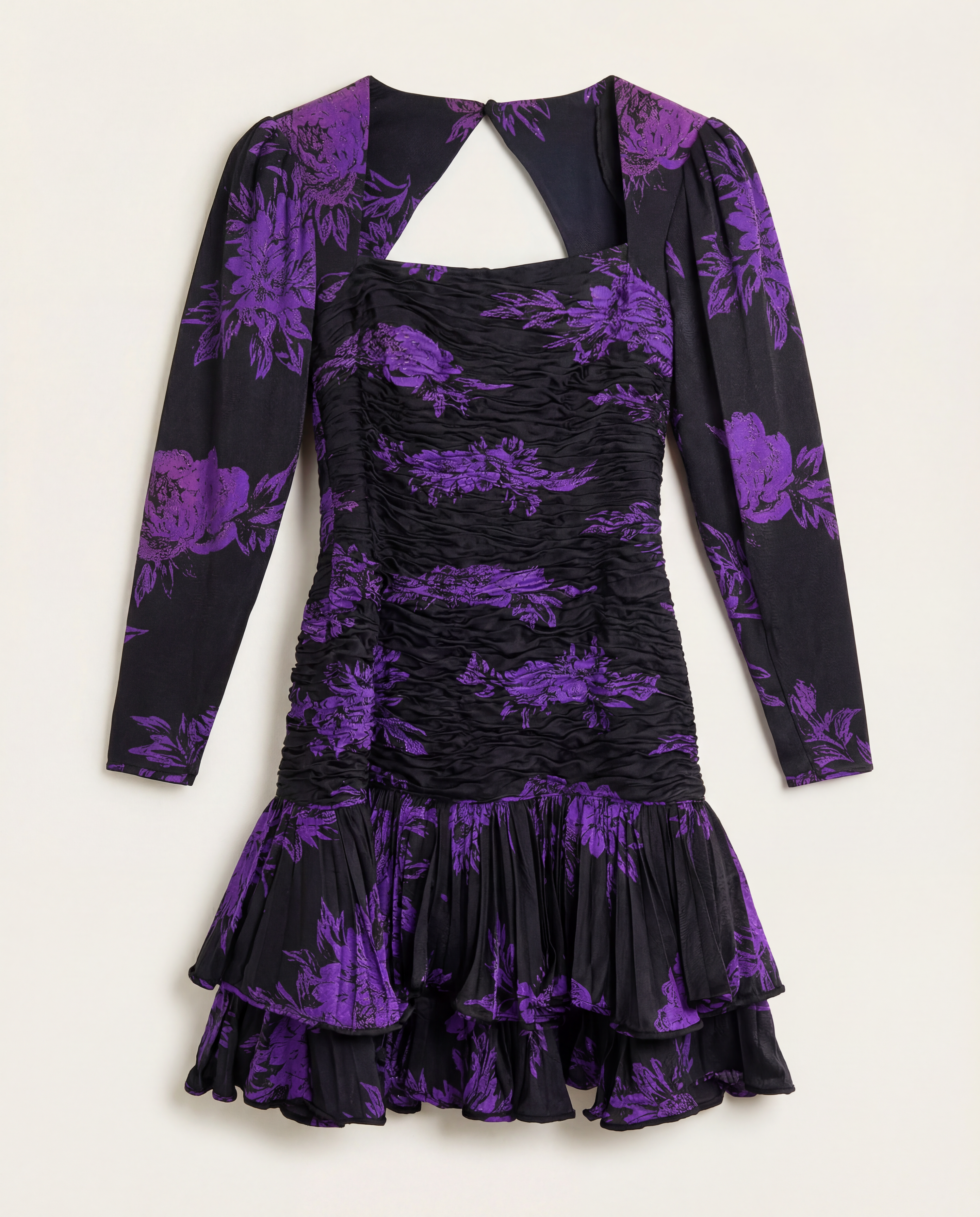 UNGARO PARALLÈLE Black Draped Cocktail Dress with Purple Floral Jacquard