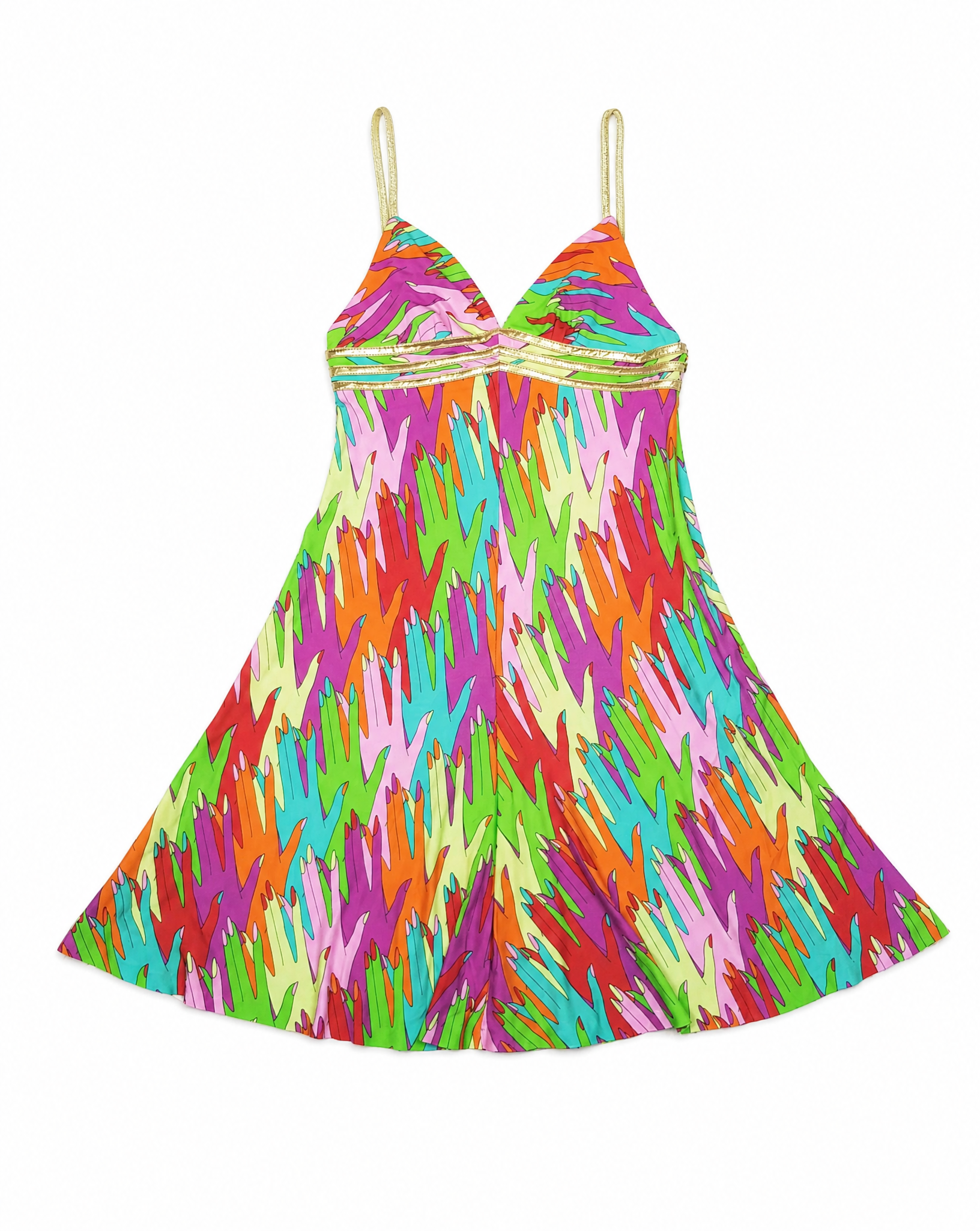 D&G Gold spaghetti strap hand print Mini Dress 1990