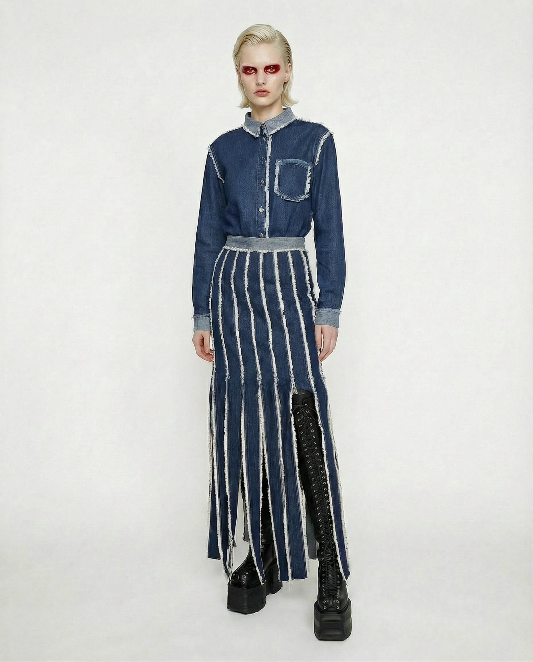 JEAN PAUL GAULTIER fringed denim maxi skirt 1990