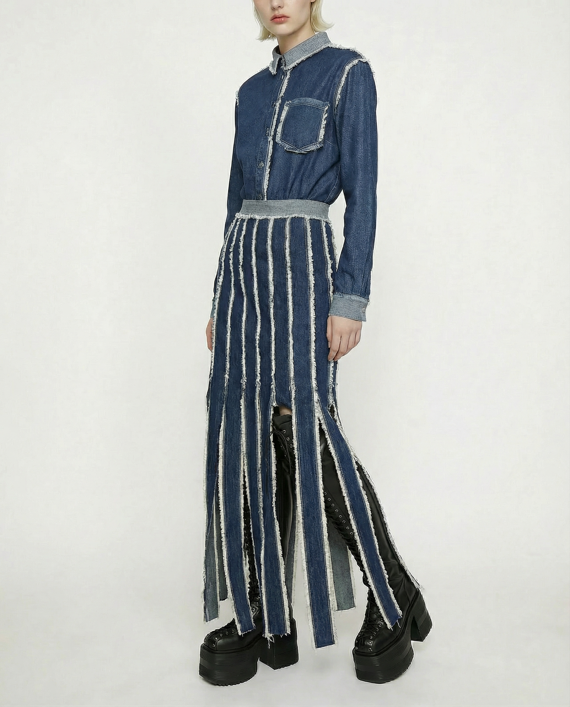 JEAN PAUL GAULTIER fringed denim maxi skirt 1990