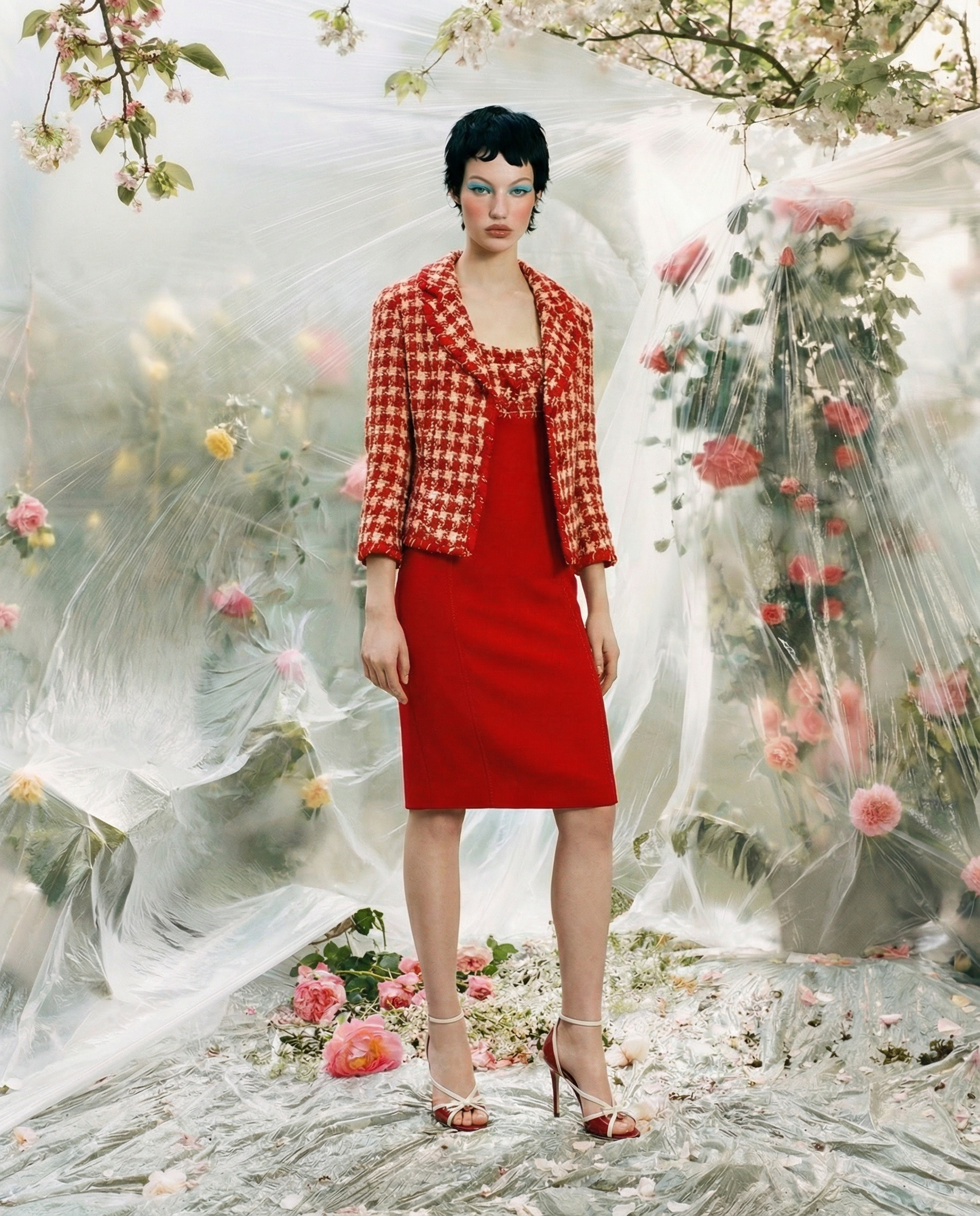 MOSCHINO Red Houndstooth Jacket and Sleeveless Dress Ensemble Late 1990