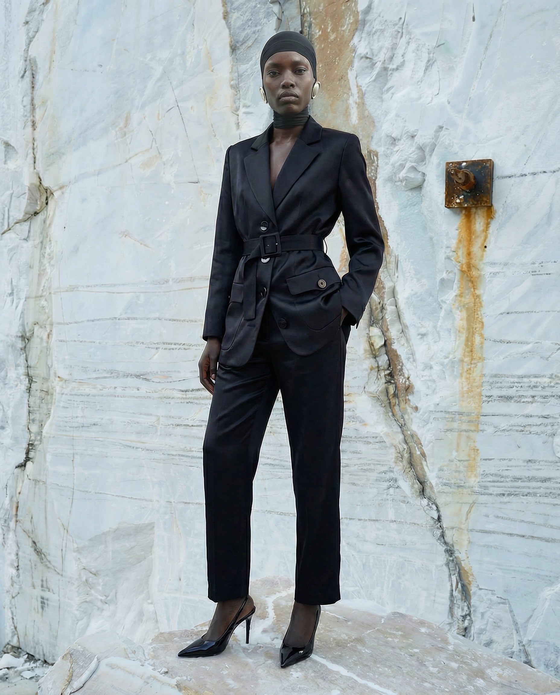 YVES SAINT LAURENT Rive Gauche Black Satin Safari Jacket & Trousers set 1990