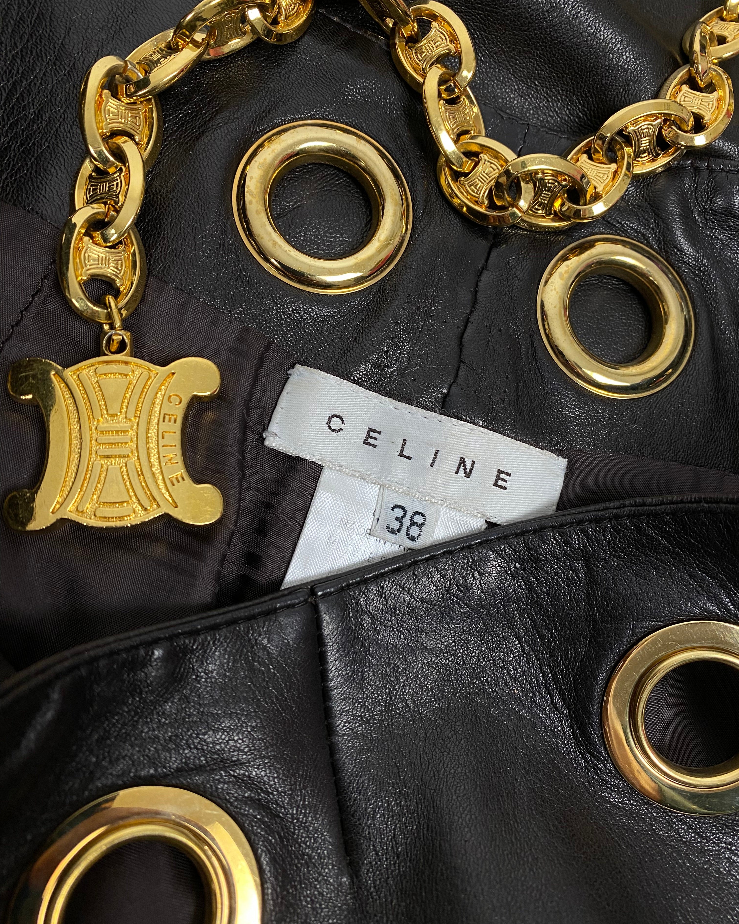 CELINE Brown Leather Trousers with Gold Chain Late 1990
