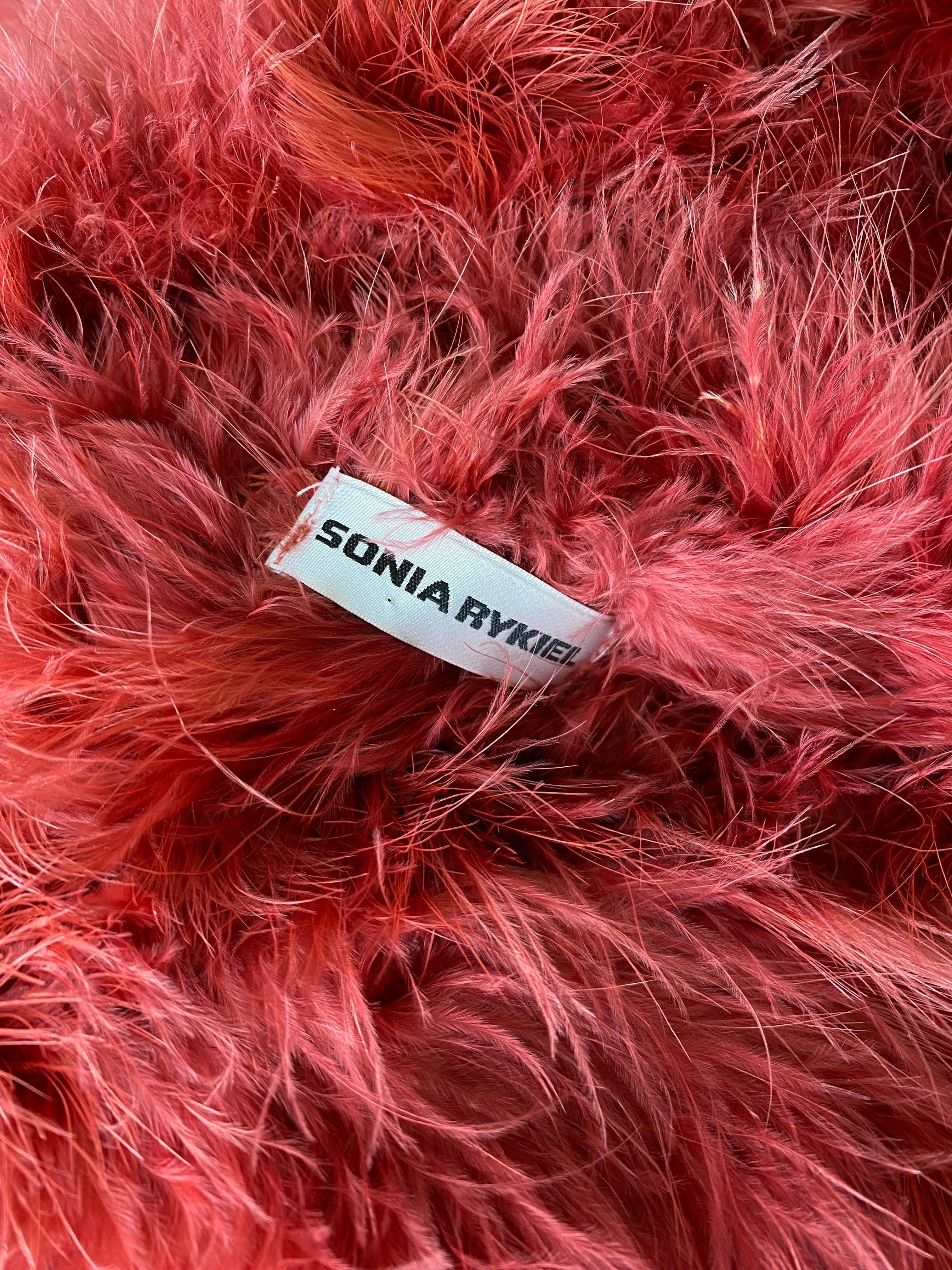 SONIA RYKIEL Coral emu feather Coat with Hood circa 2000