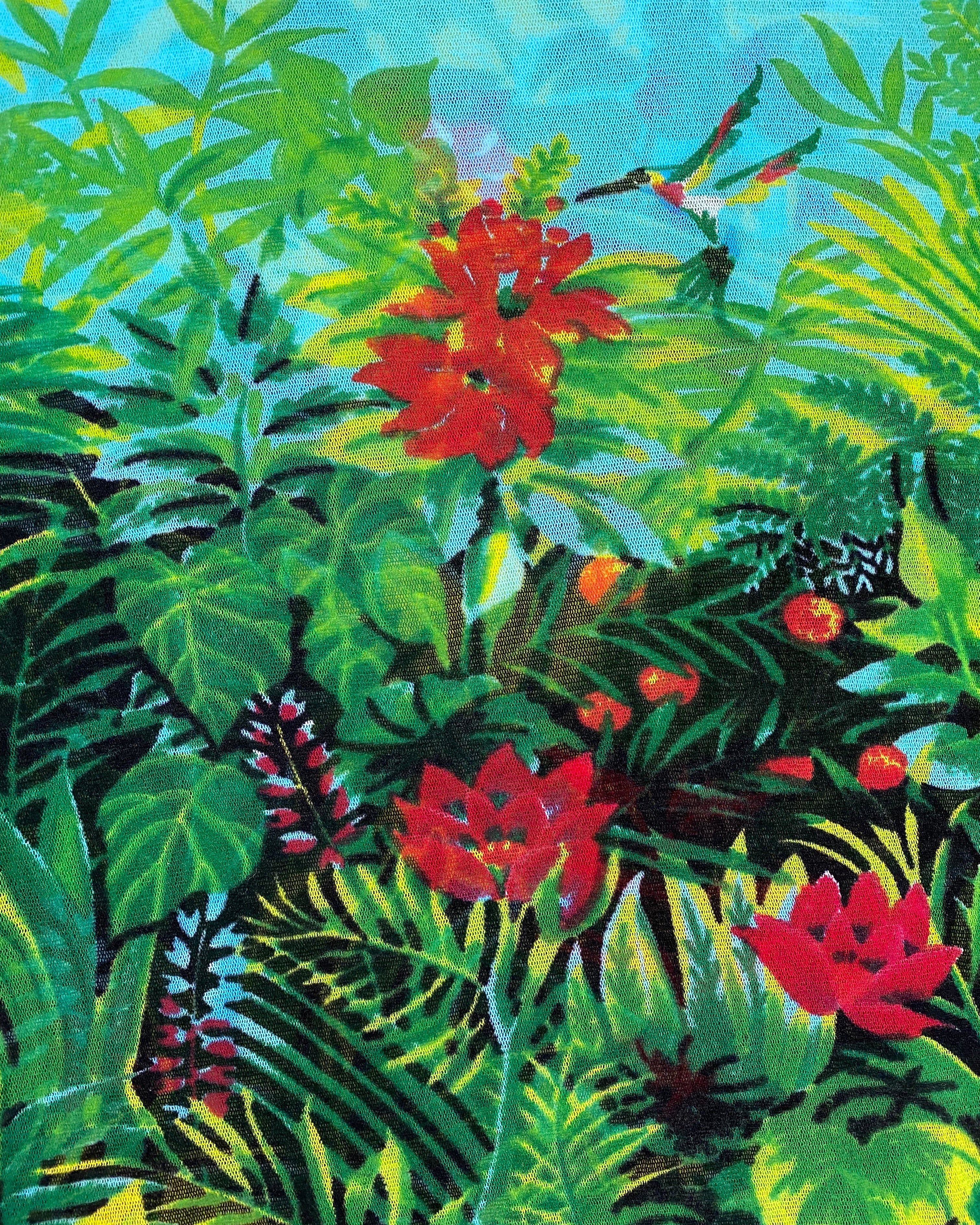 KENZO JUNGLE Floral Hummingbird Print Mesh set Top & Undershirt circa 2000