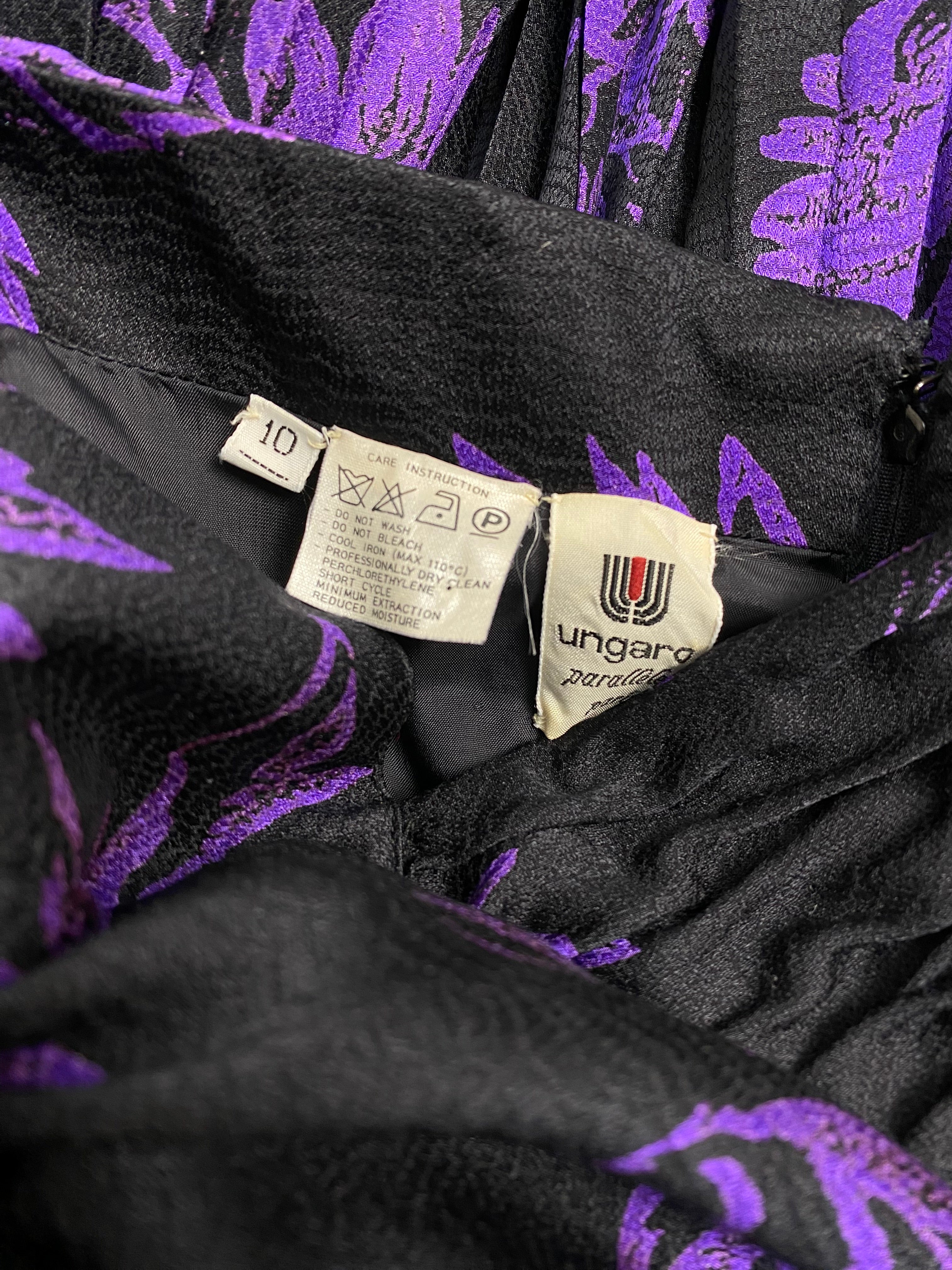 UNGARO PARALLÈLE Black Draped Cocktail Dress with Purple Floral Jacquard