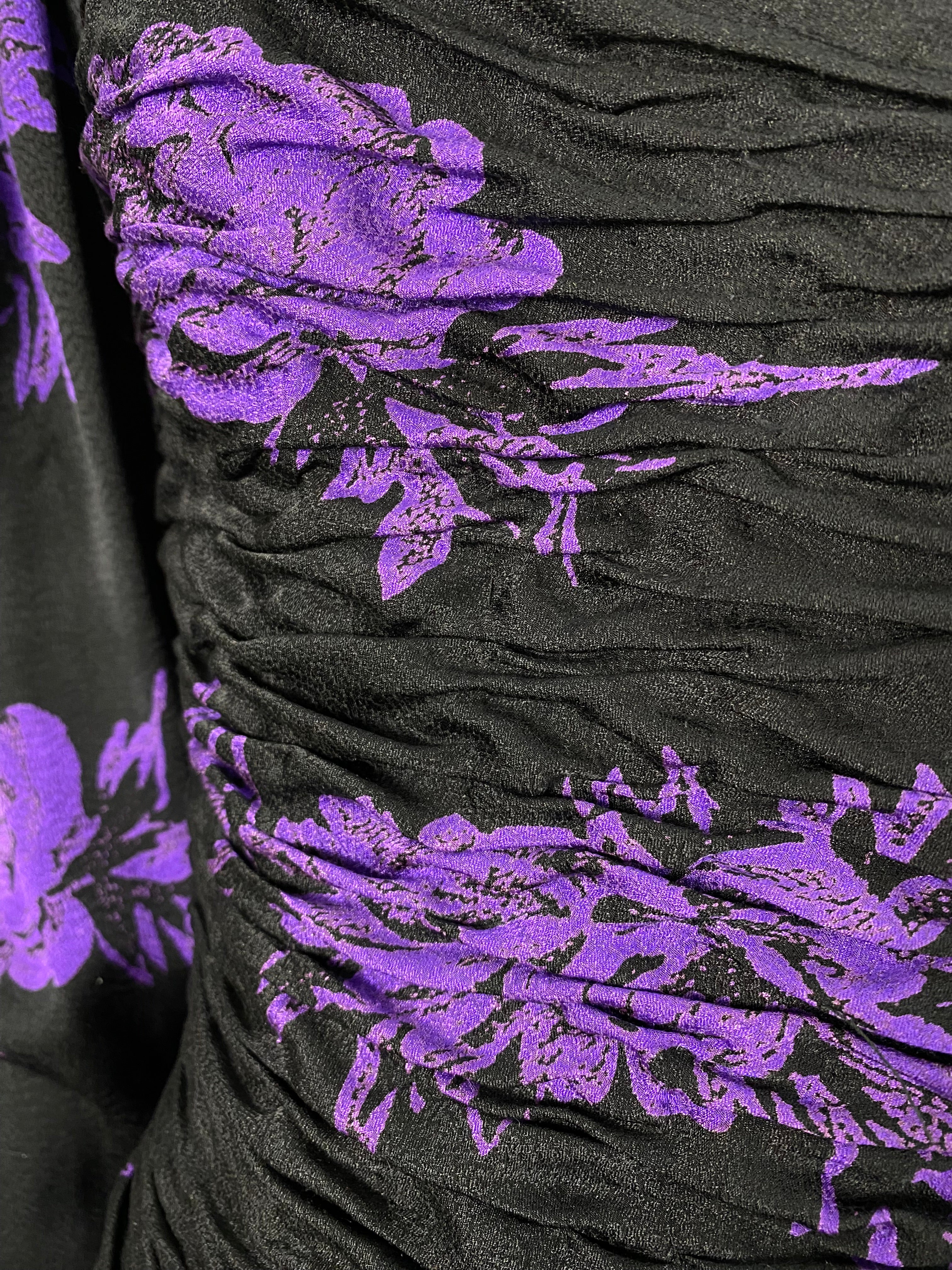 UNGARO PARALLÈLE Black Draped Cocktail Dress with Purple Floral Jacquard
