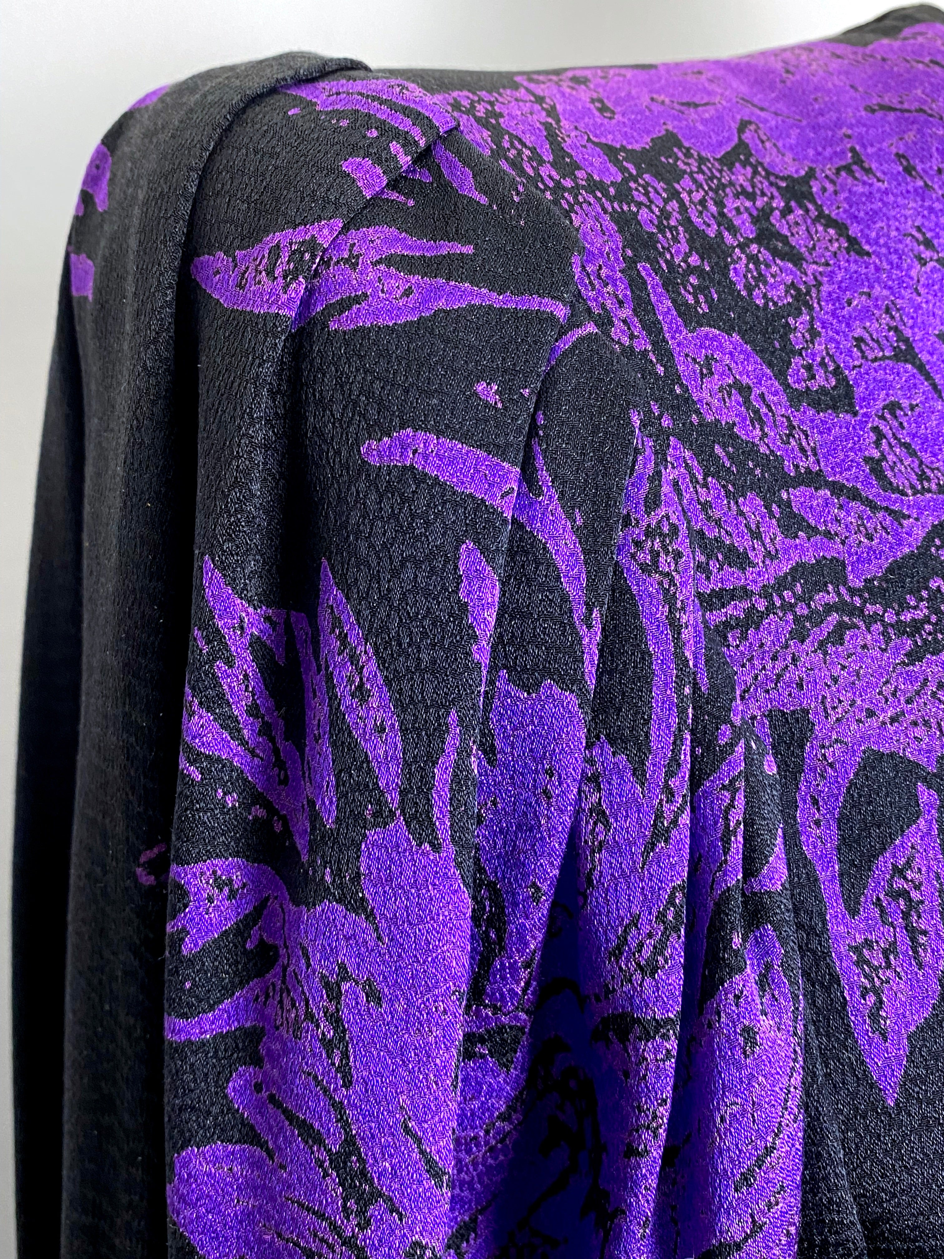 UNGARO PARALLÈLE Black Draped Cocktail Dress with Purple Floral Jacquard