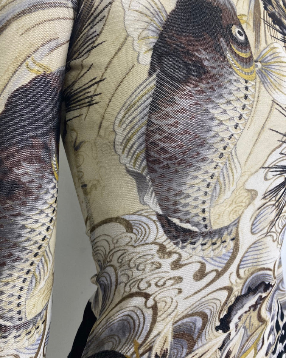 JEAN PAUL GAULTIER Grey Koi Fish Tattoo Print Mesh Top 1990