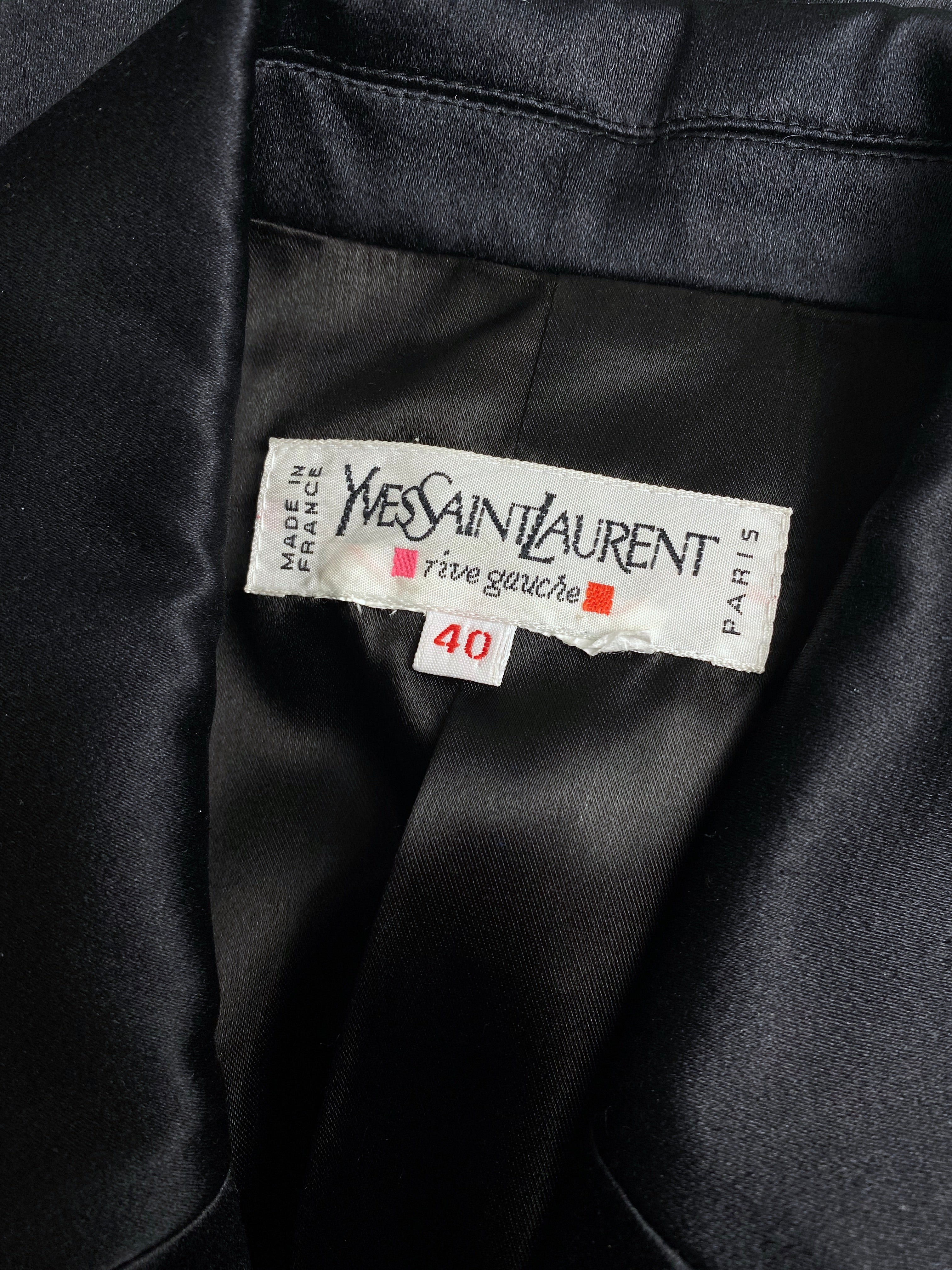 YVES SAINT LAURENT Rive Gauche Black Satin Safari Jacket & Trousers set 1990