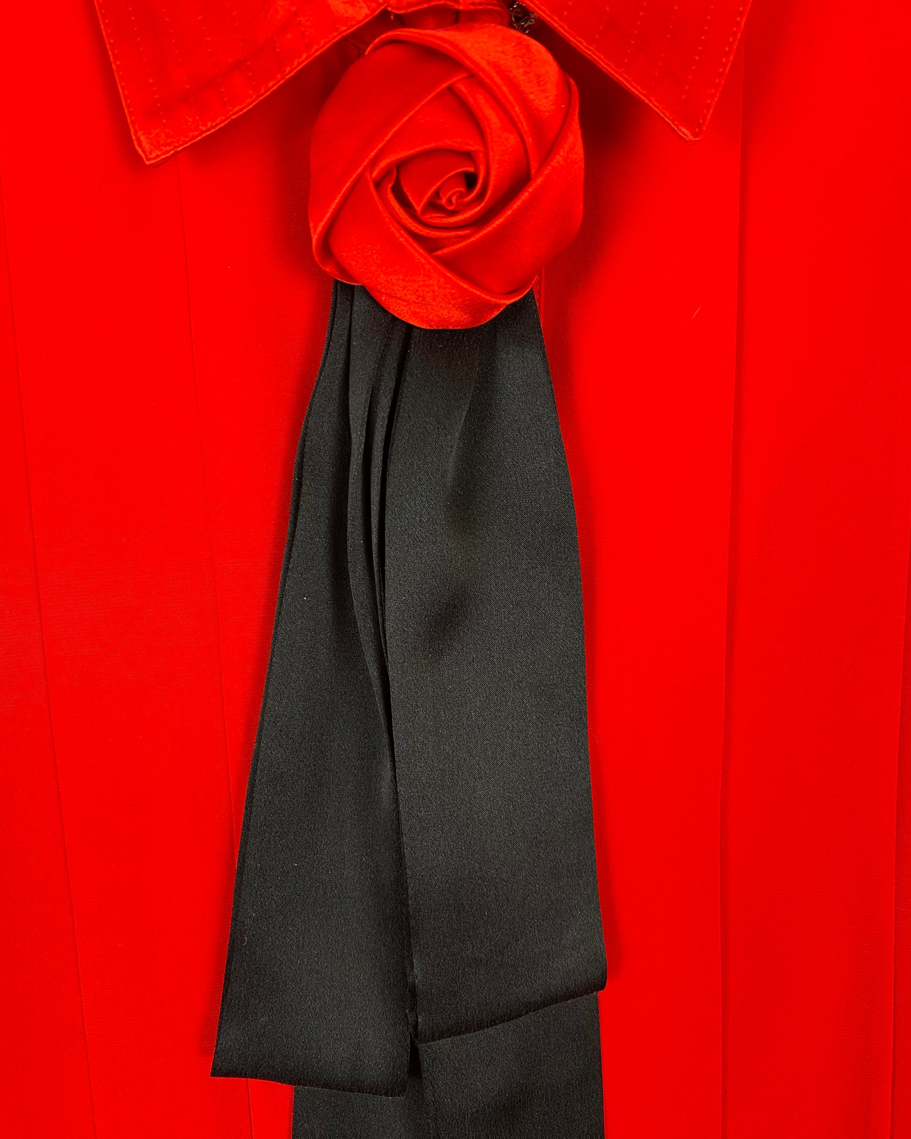 STARINGTON Red Silk Blouse with Black Bow & Rose Brooch Late 1980s