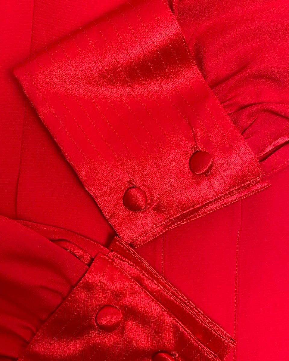 STARINGTON Red Silk Blouse with Black Bow & Rose Brooch Late 1980s