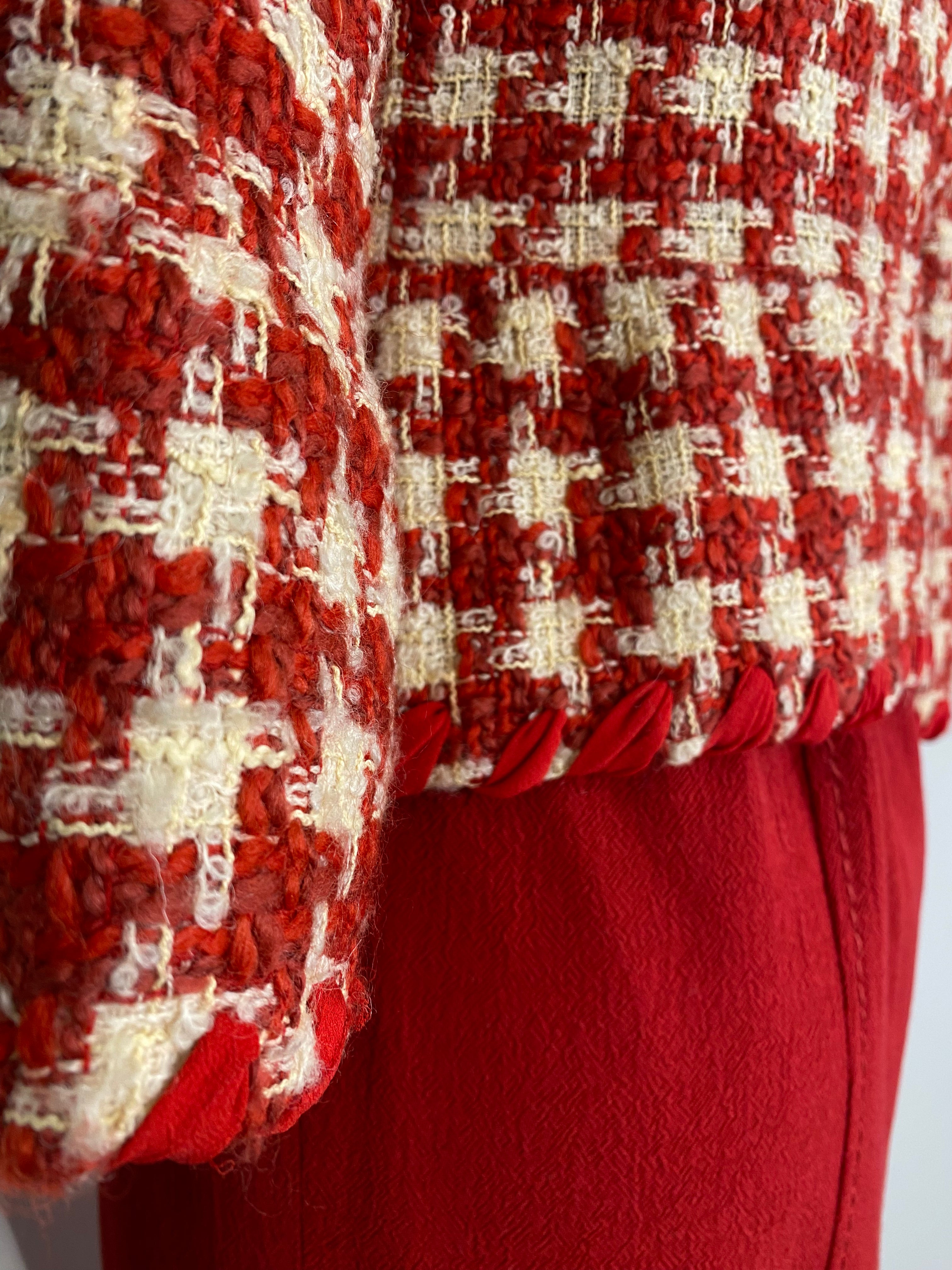 MOSCHINO Red Houndstooth Jacket and Sleeveless Dress Ensemble Late 1990