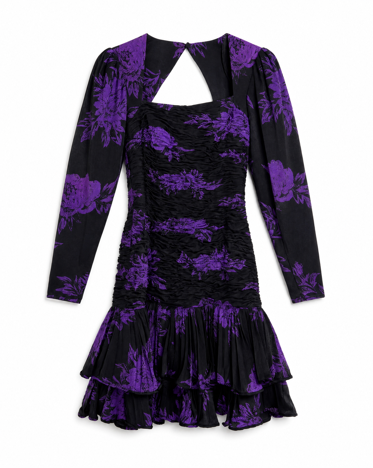 UNGARO PARALLÈLE Black Draped Cocktail Dress with Purple Floral Jacquard