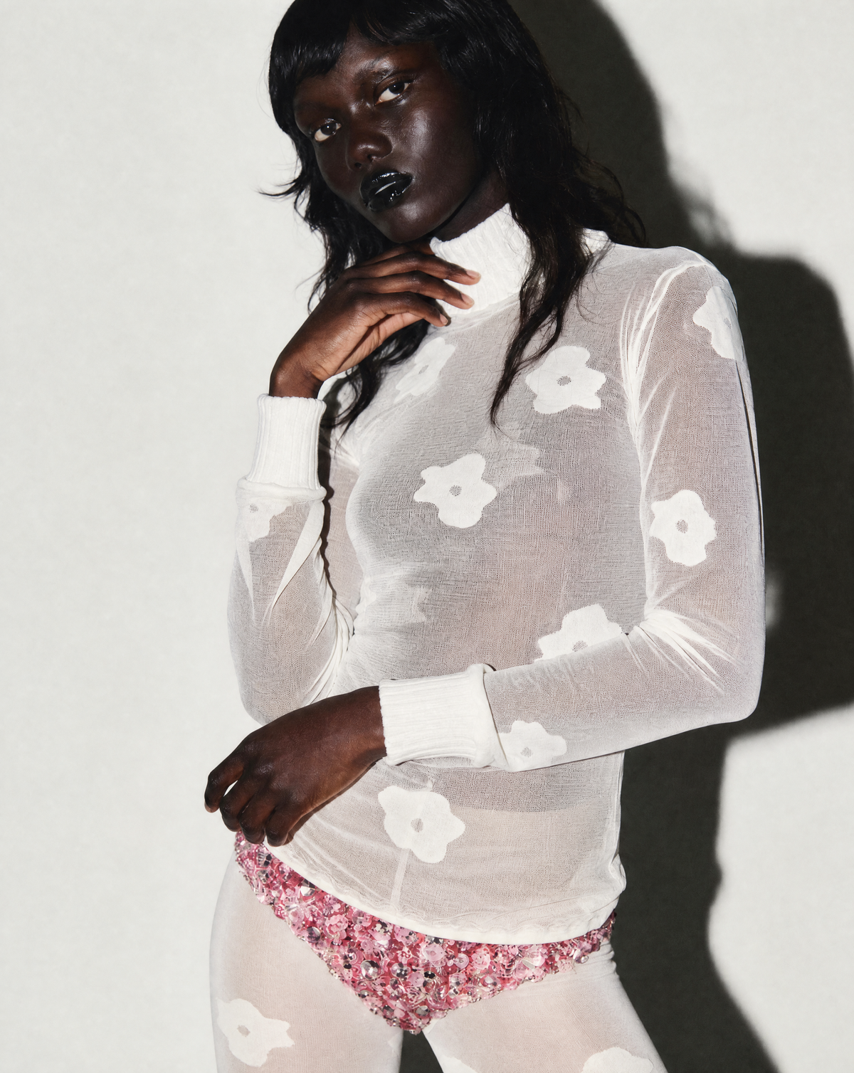 COURREGES Vintage Abstract floral Sheer Mock Turtleneck & Tights Set