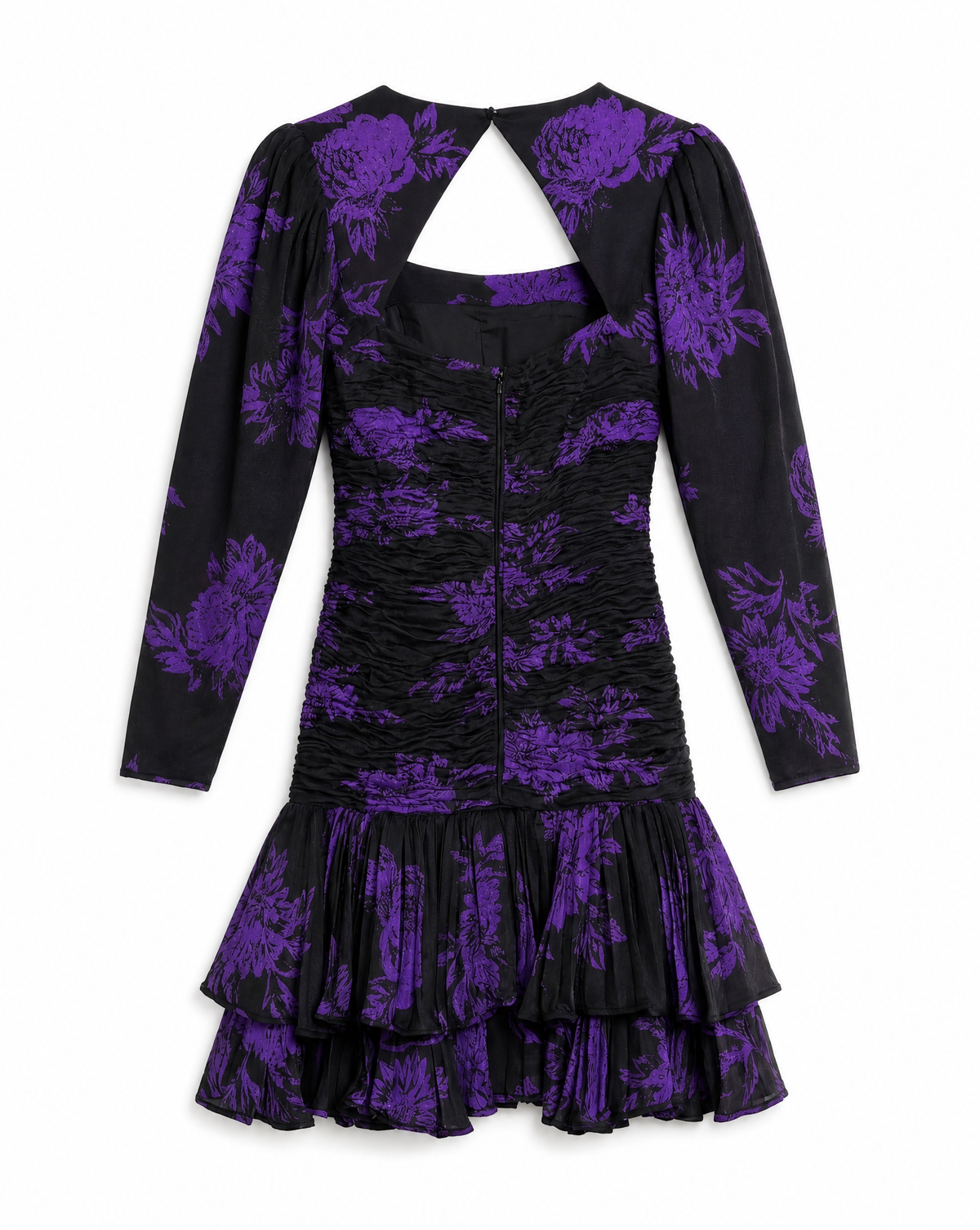 UNGARO PARALLÈLE Black Draped Cocktail Dress with Purple Floral Jacquard