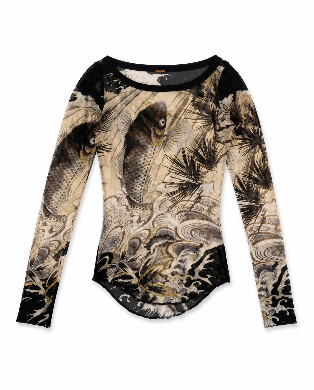 JEAN PAUL GAULTIER Grey Koi Fish Tattoo Print Mesh Top 1990