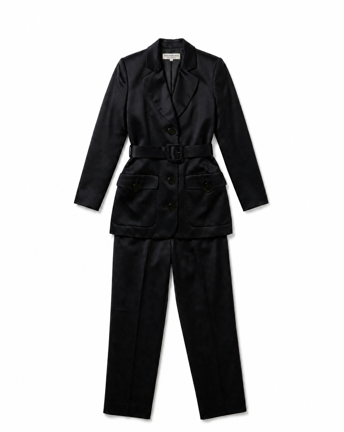 YVES SAINT LAURENT Rive Gauche Black Satin Safari Jacket & Trousers set 1990